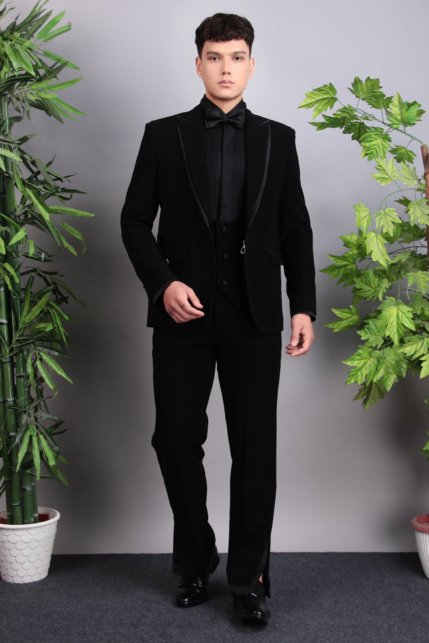 Detail view 1 - Men’s Tuxedo – Japanese Lycra in Black with Extended Front and Lapel Detailing