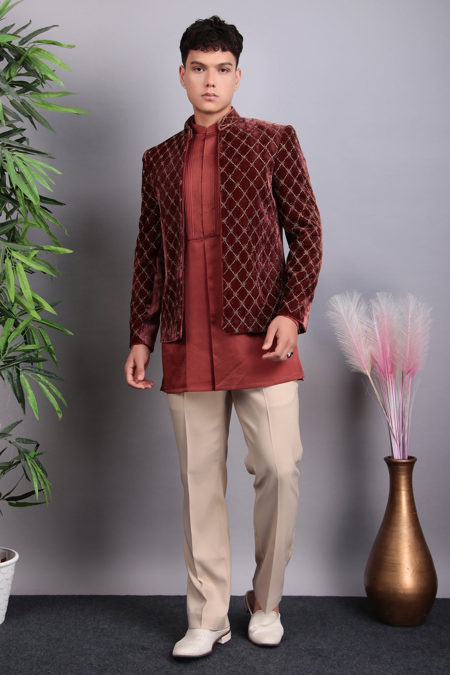 Men’s Indo-Western – Velvet Embroidered Fabric in Peach with Geometric Hand Embroidery | One Man Show