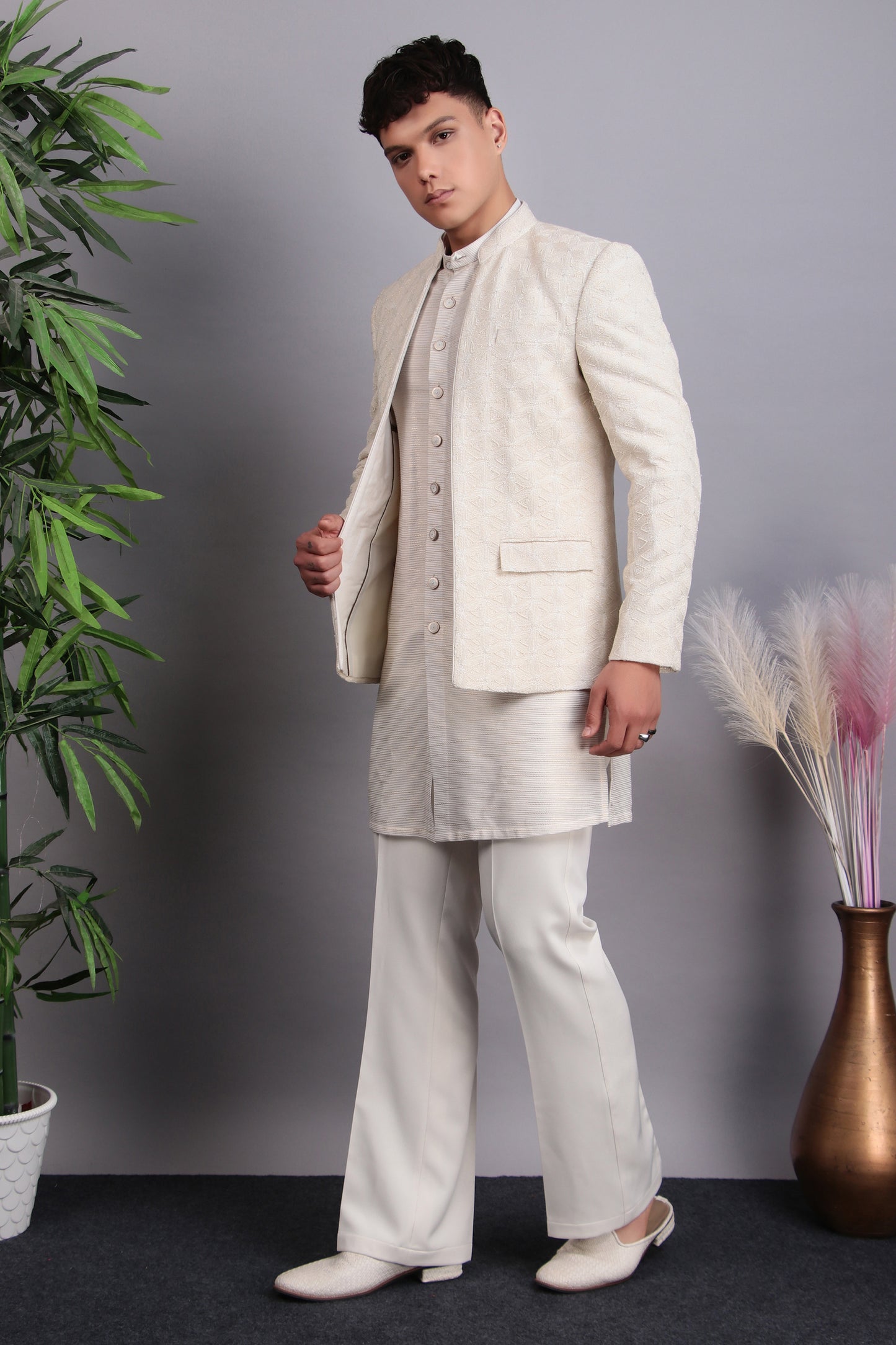 Detail view 1 - Men’s Indo-Western – Georgette Kurta in Ivory with Hand Embroidery