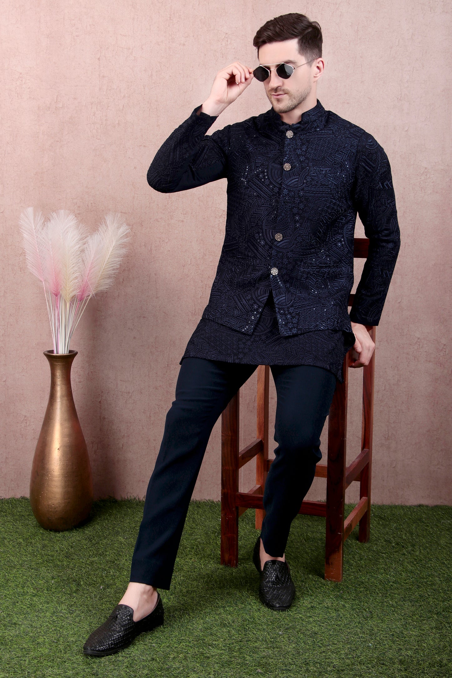 Detail view 4 - Men’s Kurta Set – Georgette in Navy Blue with Silk Thread Embroidery & Statement Buttons