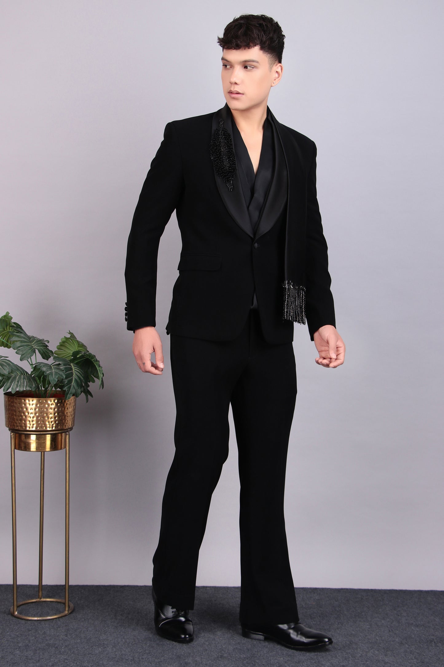 Men’s Tuxedo – Japanese Lycra in Black with Modern Cut & Designer Cowl Shirt | One Man Show