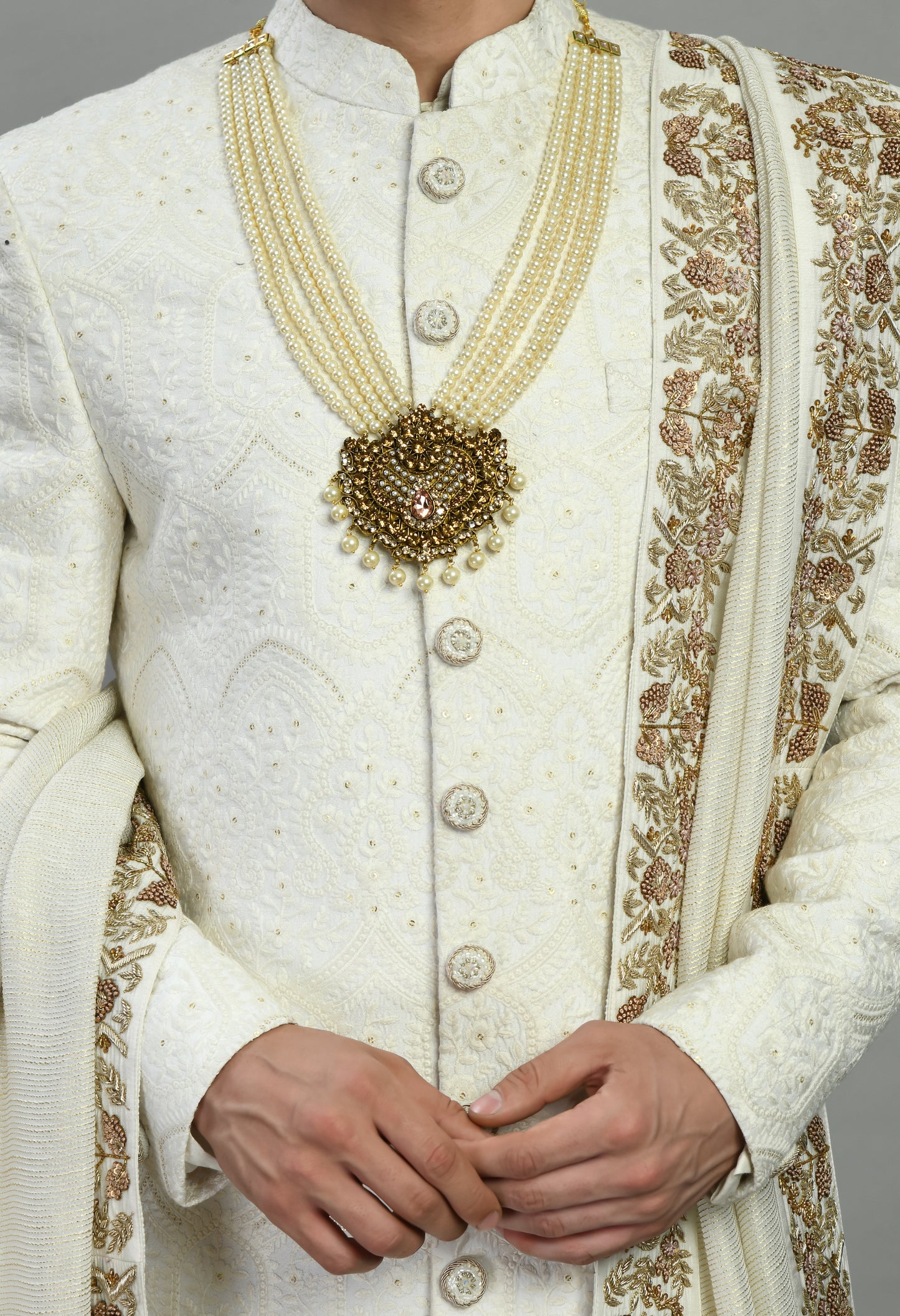 Detail view 2 - Men’s Sherwani – Silk in Ivory with Detailed Hand Embroidery Allover