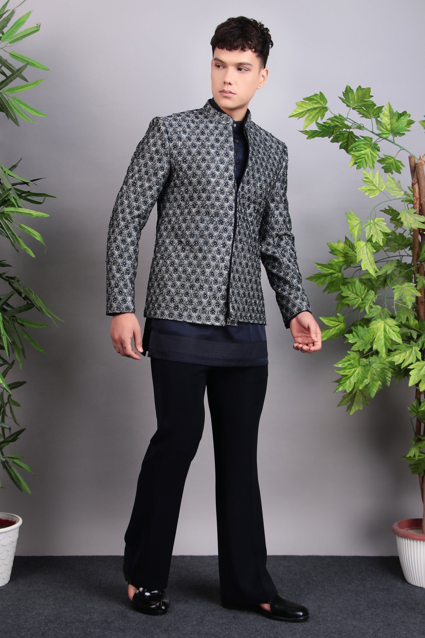 Side view - Men’s Indo-Western – Silk Embroidered Fabric in Blue with Floral Hand Embroidery