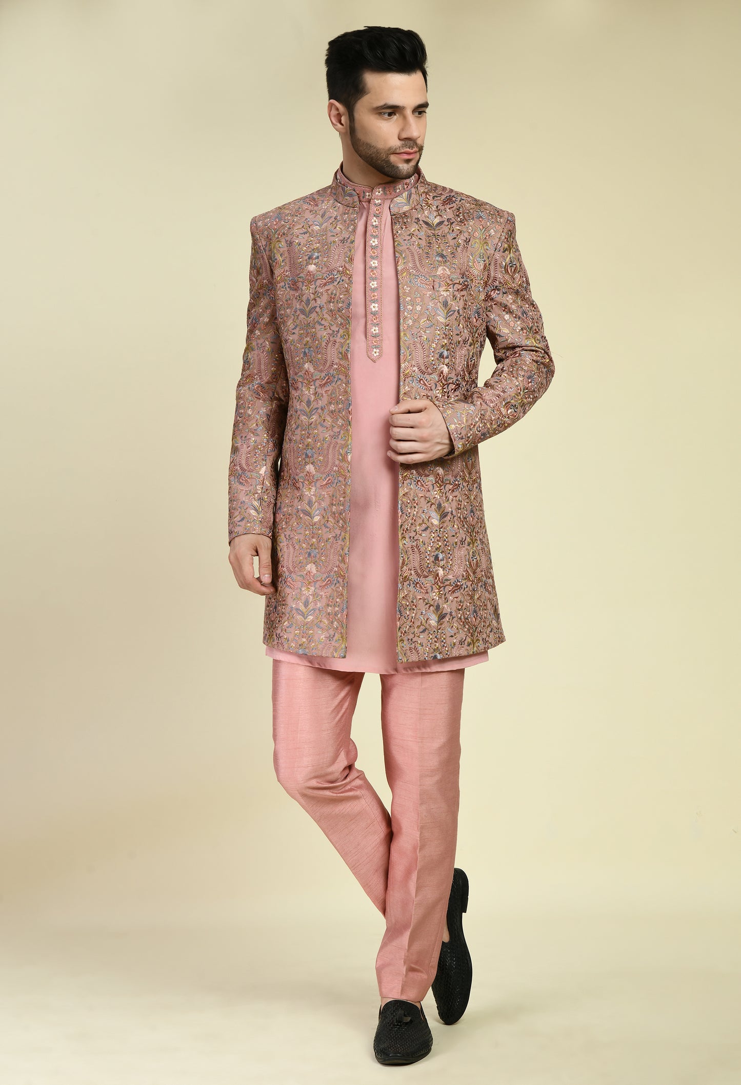 Detail view 1 - Men’s Indo-Western – Silk Georgette in Pink with Floral Multi Thread Embroidery