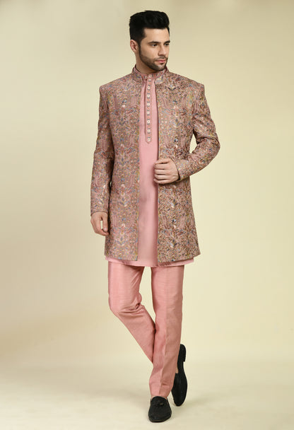 Men’s Indo-Western – Silk Georgette in Pink with Floral Multi Thread Embroidery | One Man Show