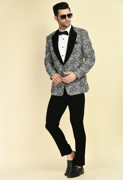 Men’s Tuxedo – Poly Jaquard in Grey with Floral Lapel Design | One Man Show