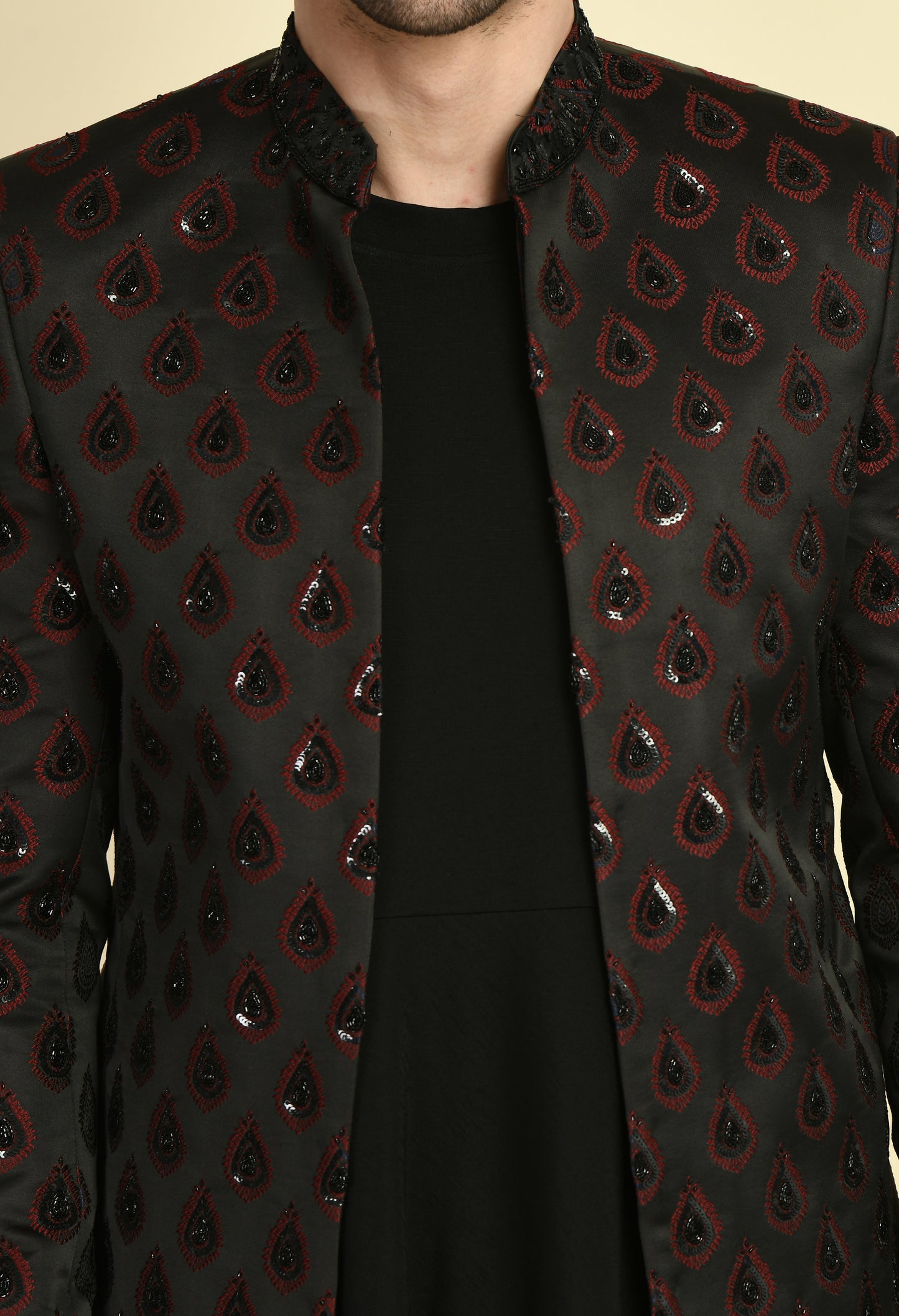 Detail view 2 - Men’s Indo-Western – Silk Jaquard in Black with Geometric Motif Embroidery