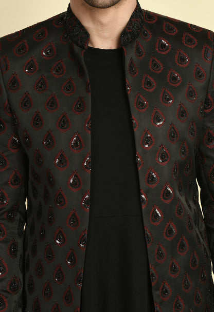 Men’s Indo-Western – Silk Jaquard in Black with Geometric Motif Embroidery | One Man Show