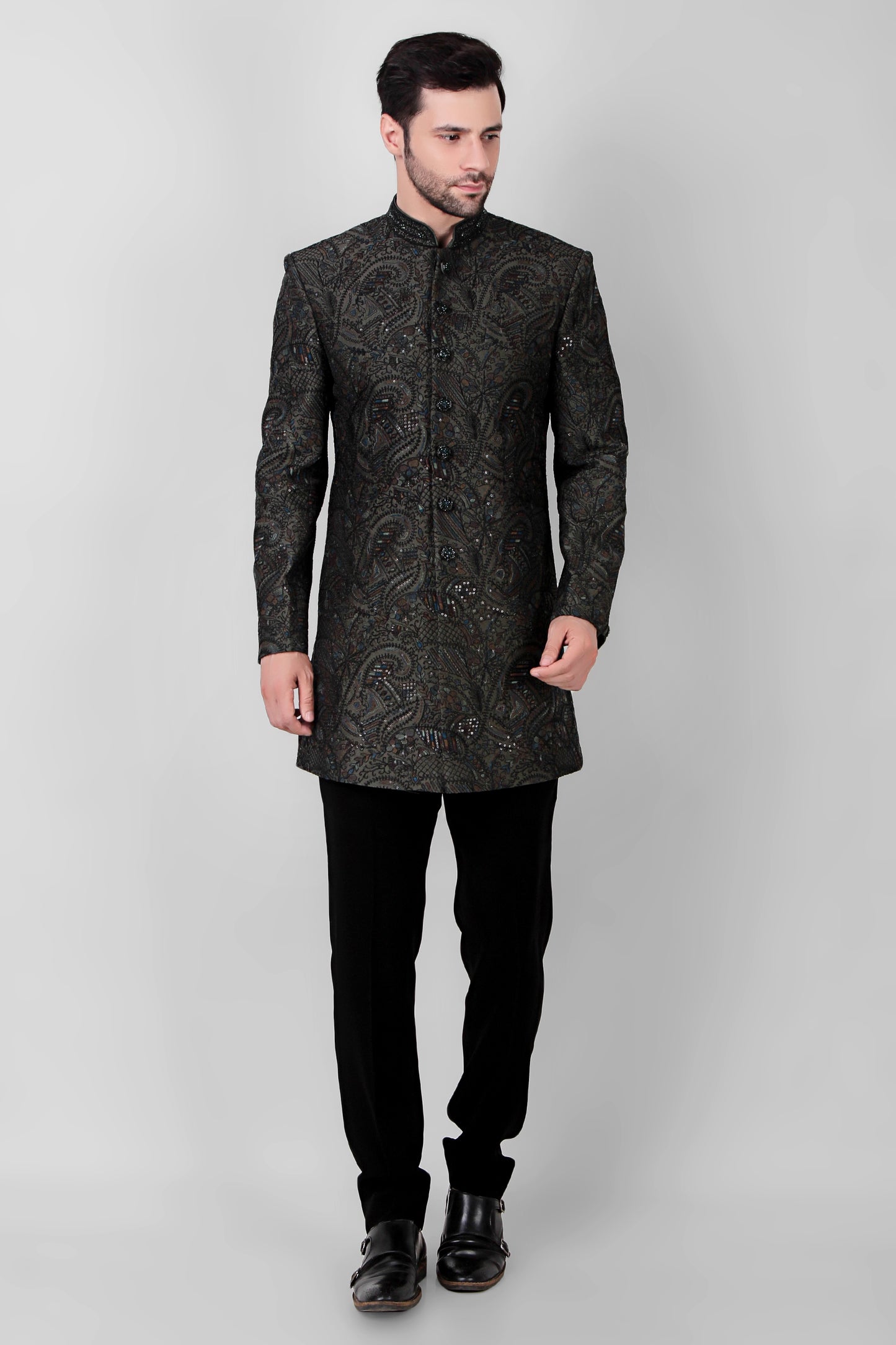 Front view - Men’s Indo-Western – Silk Top in Green with Dori and Silk Thread Embroidery