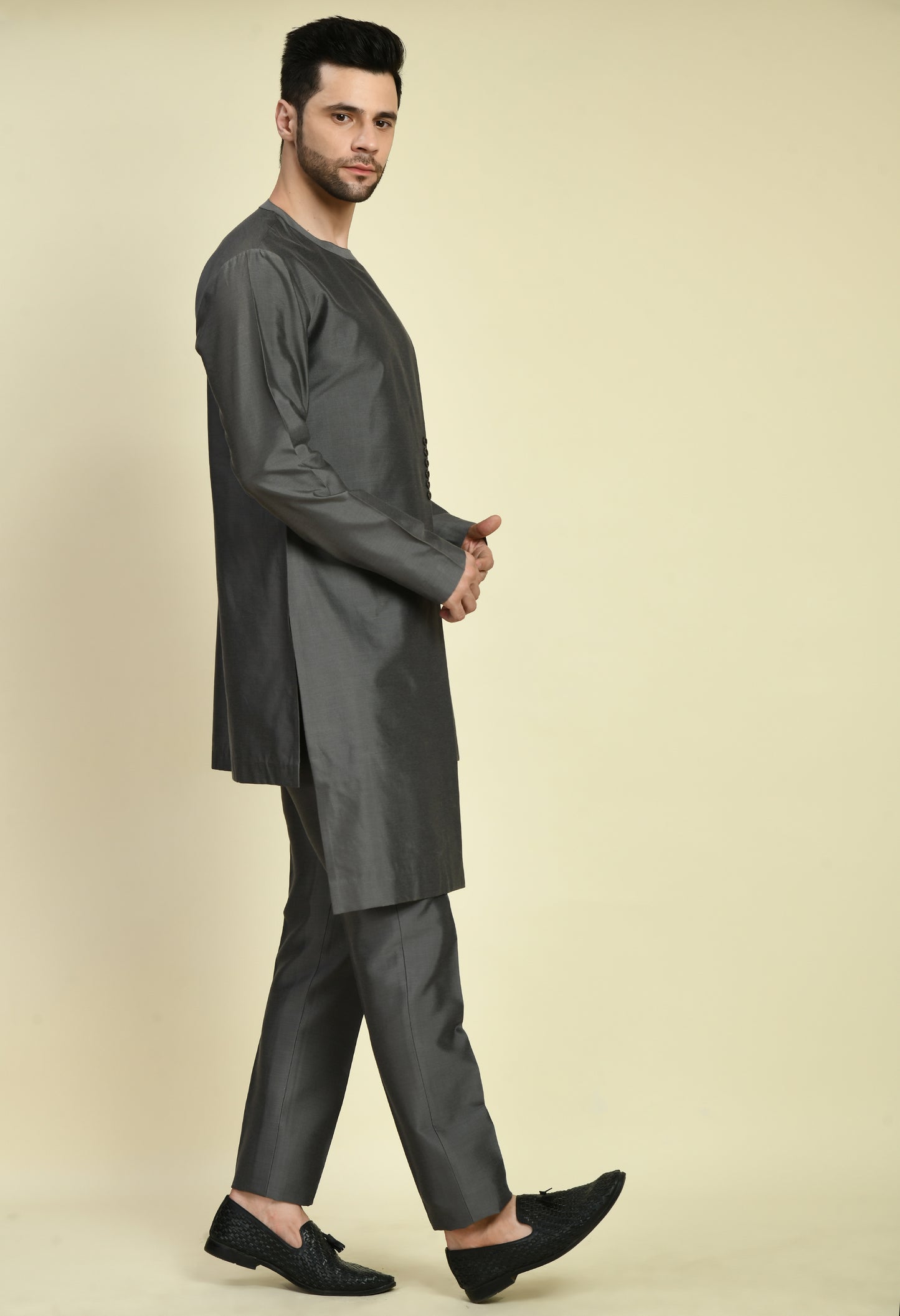 Side view - Men’s Kurta Set – Cotton Silk in Grey with Assymetric Hem and Front Overlap Design