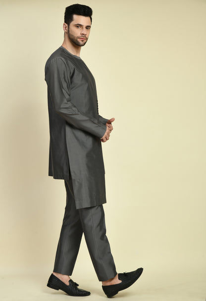 Men’s Kurta Set – Cotton Silk in Grey with Assymetric Hem and Front Overlap Design | One Man Show