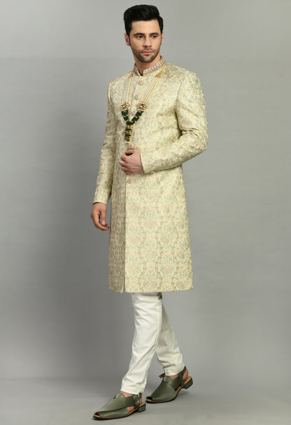 Men’s Sherwani – Silk in Green with Detailed Hand Embroidery Allover | One Man Show