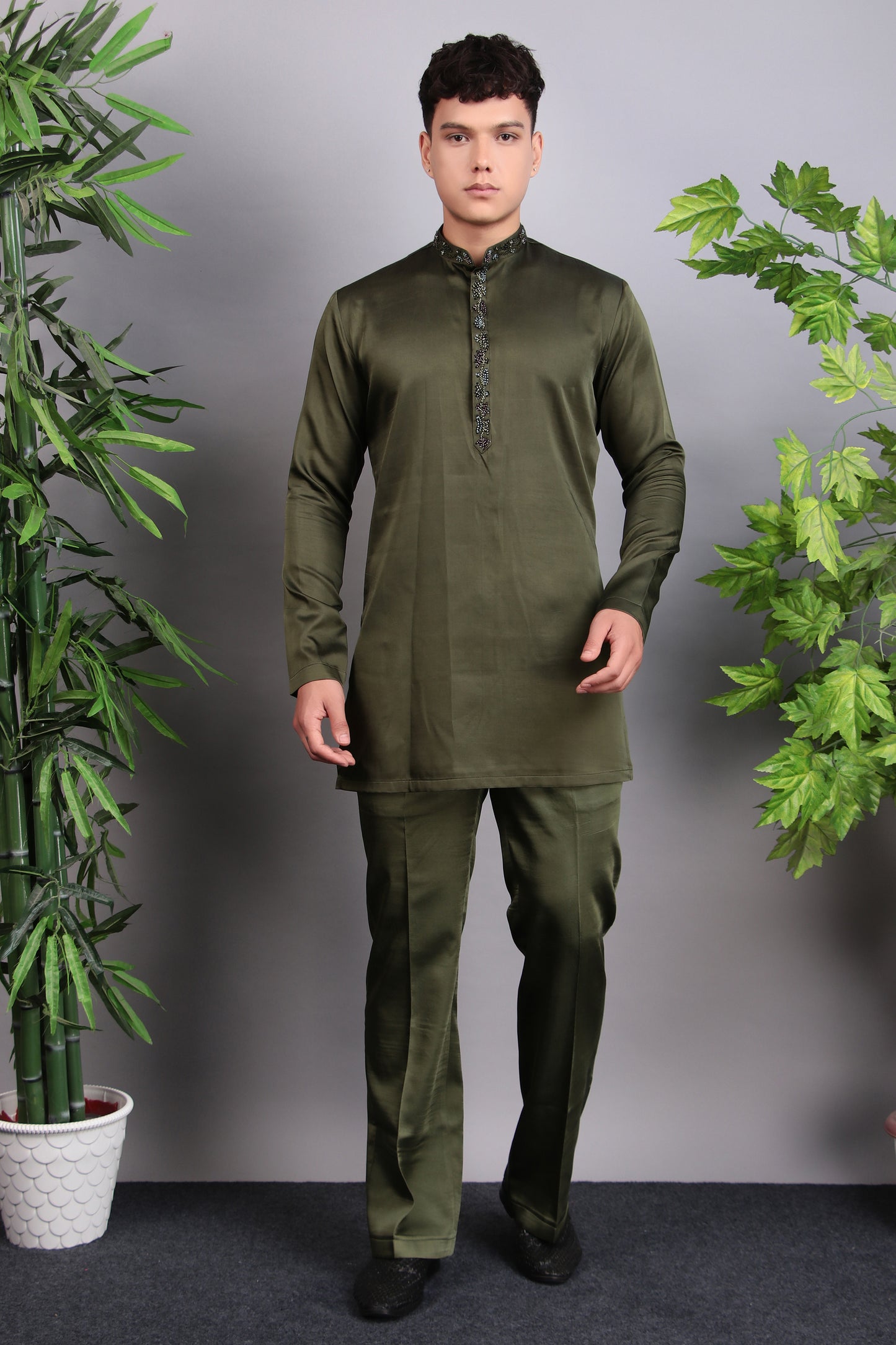 Detail view 3 - Men’s Indo-Western – Velvet Embroidered Fabric in Green with Multi Colored Floral Embroidery