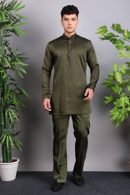 Men’s Indo-Western – Velvet Embroidered Fabric in Green with Multi Colored Floral Embroidery | One Man Show