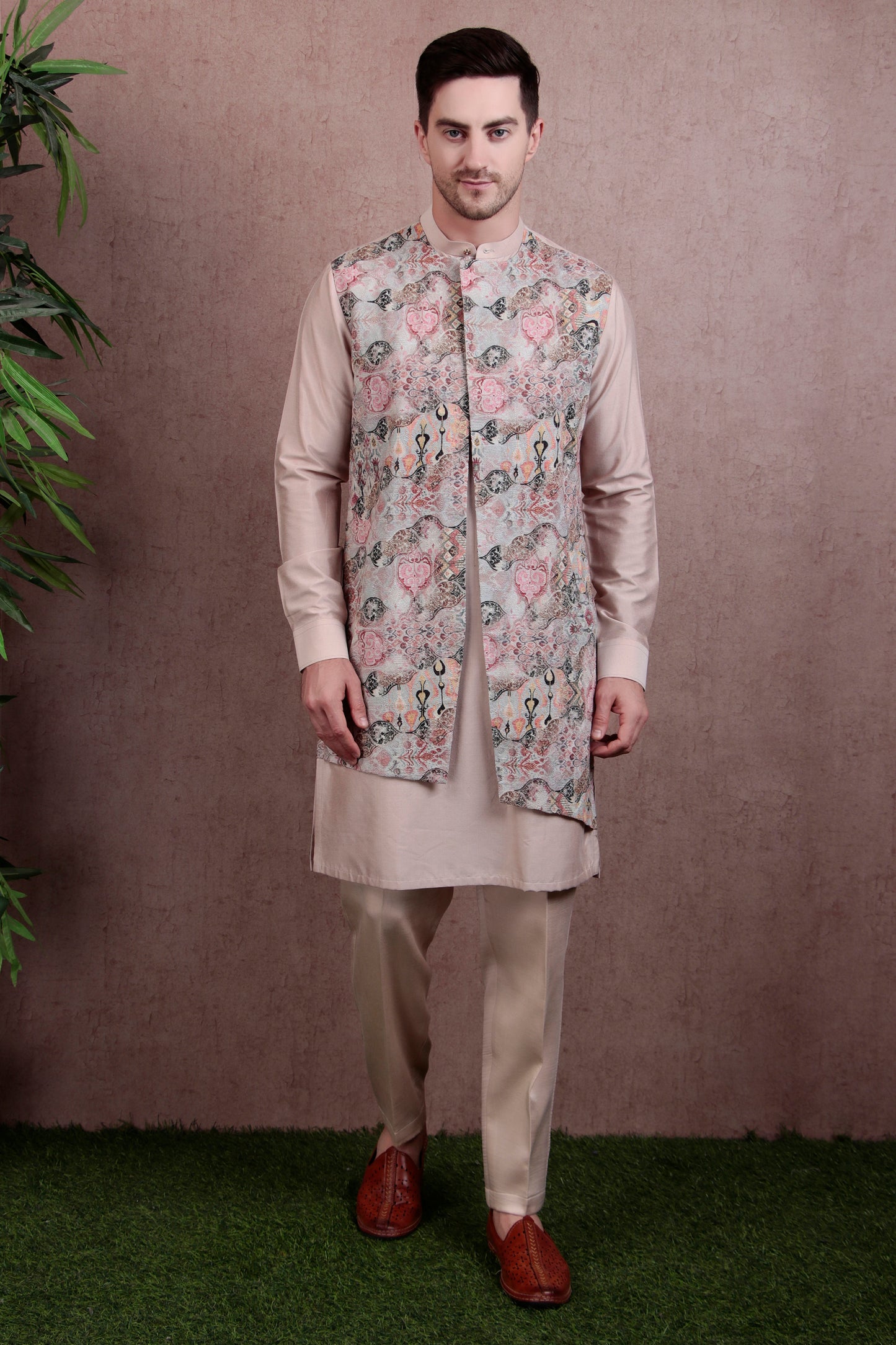 Back view - Men’s Layered Kurta Set – Cotton Silk in Salmon Pink with Jacquard Printed Jacket Look