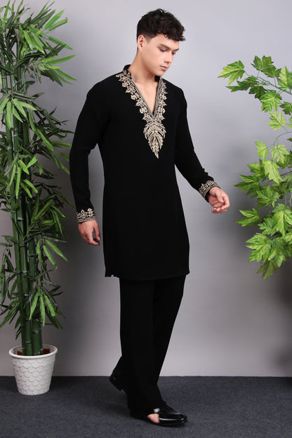 Men’s Kurta Set – Korean Wrinkle-Free in Black with Golden Zari Thread Embroidery | One Man Show