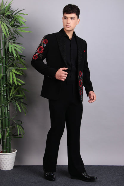 Men’s Tuxedo – Japanese Lycra in Black with Pintex & Beads Embroidery | One Man Show