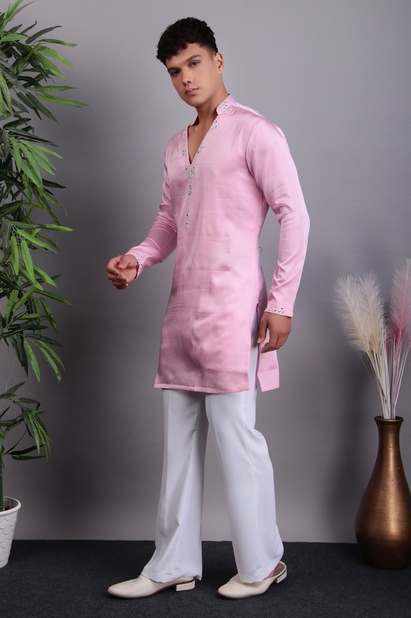 Detail view 2 - Men’s Kurta Set – Modal Satin in Pink with Tie and Dye & Silk Thread Embroidery