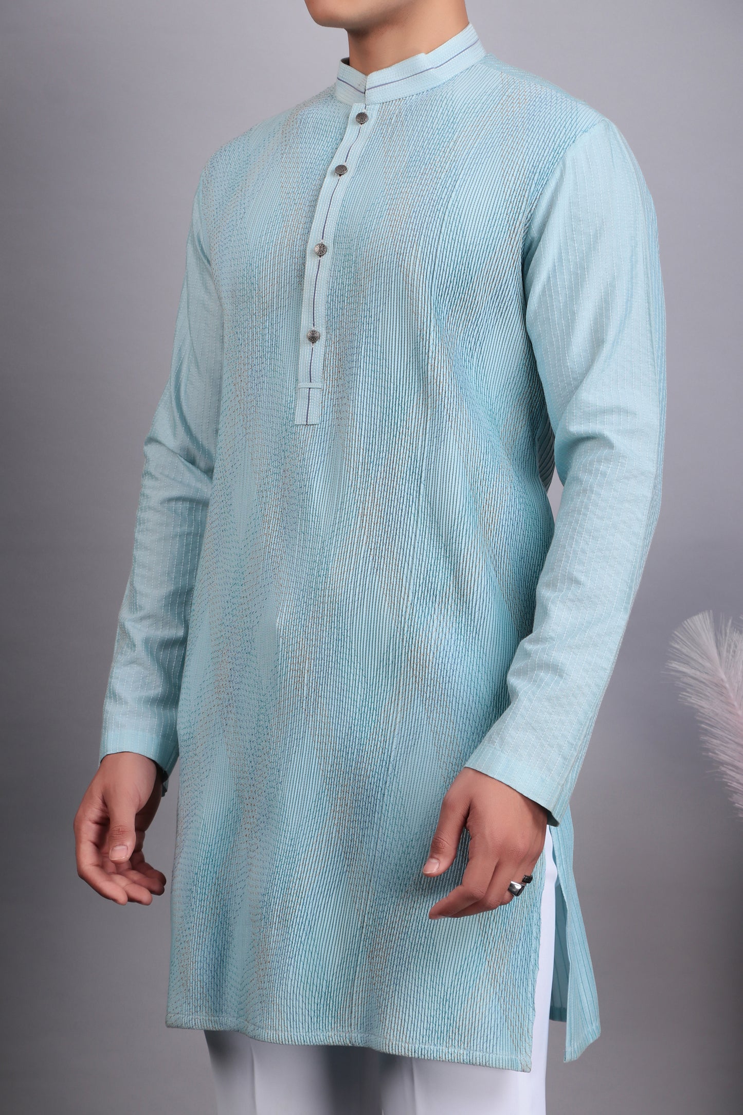 Detail view 2 - Men’s Kurta Set – Silk Cotton in Blue with Thread Work and Pintex Fabric Manipulation