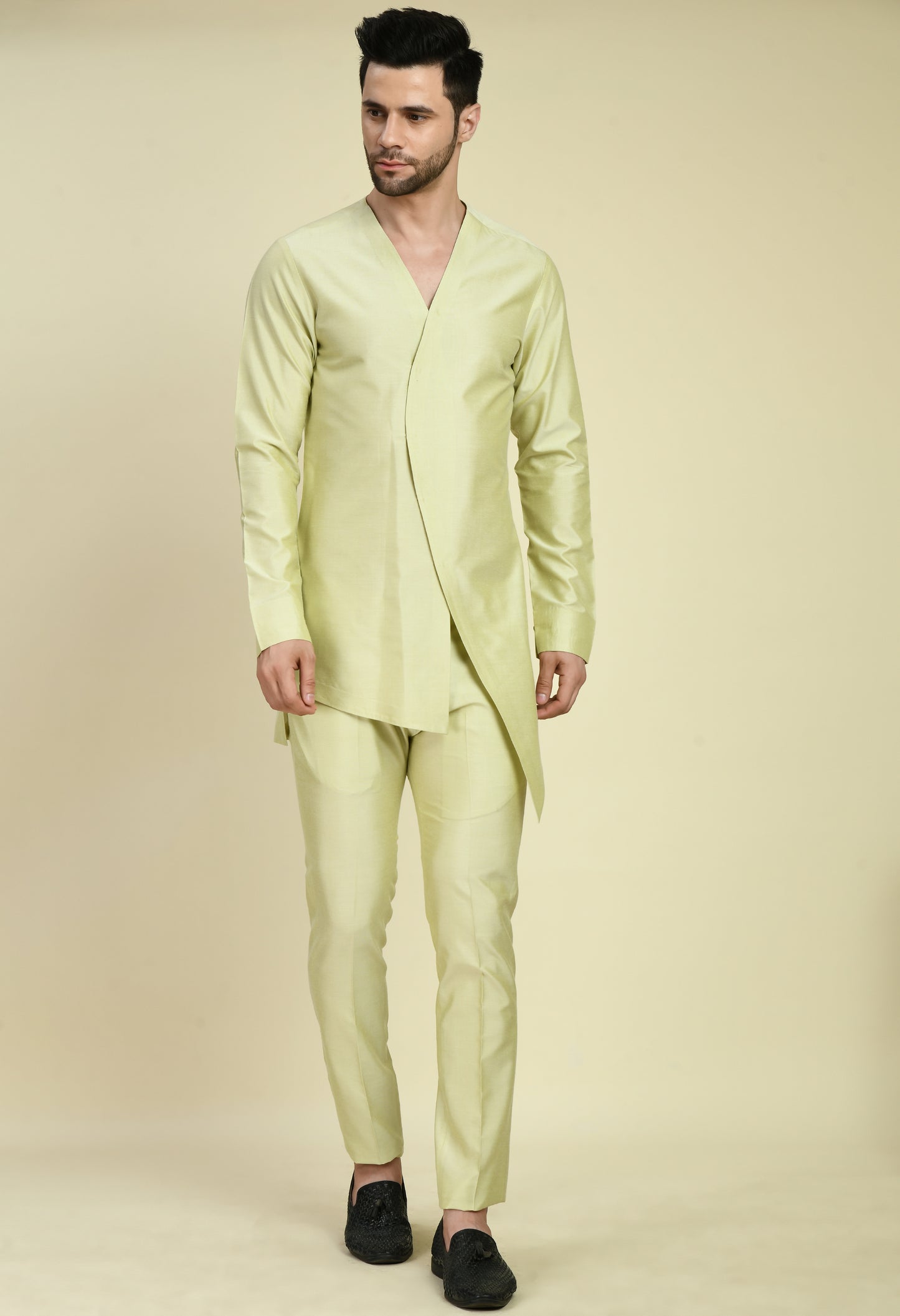 Side view - Men’s Nehru Jacket – Silk in Green with Designer Vest Silk Thread Embroidery