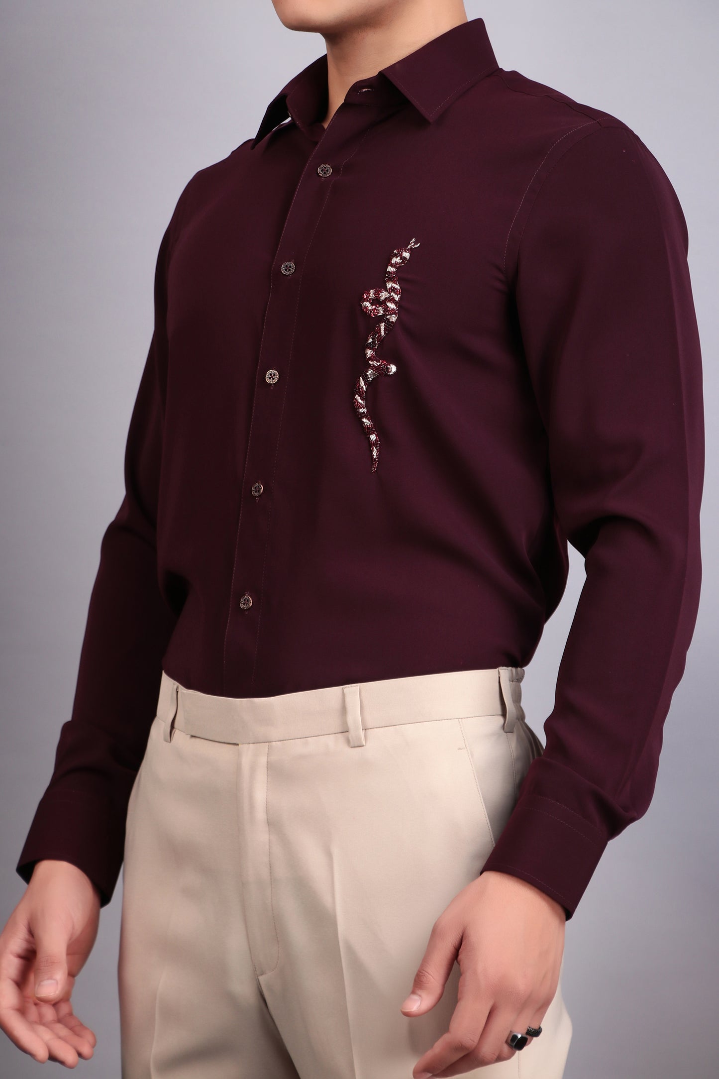Detail view 3 - Men’s Shirt – Korean Wrinkle Free in Maroon with Snake Embroidery