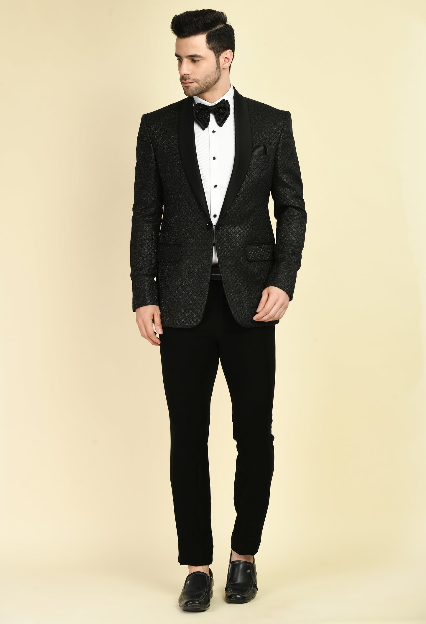 Front view - Men’s Tuxedo – Japanese Lycra in Black with Geometric Jaquard Fabric