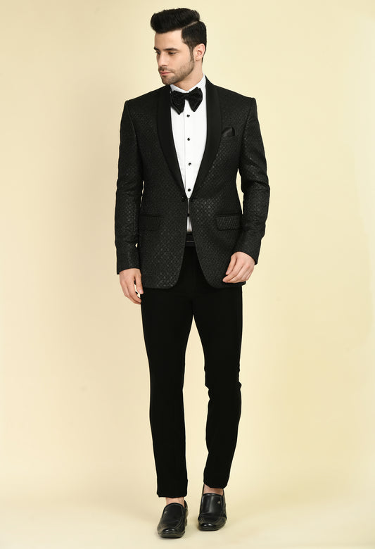 Front view - Men’s Tuxedo – Japanese Lycra in Black with Geometric Jaquard Fabric