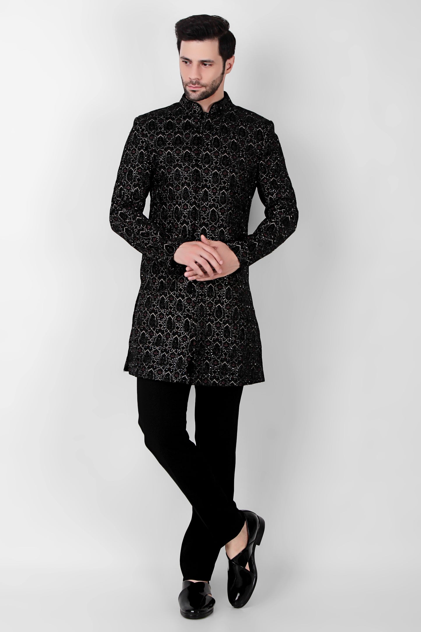 Side view - Men’s Indo-Western – Velvet in Multi Color with Geometric Silk Thread Embroidery