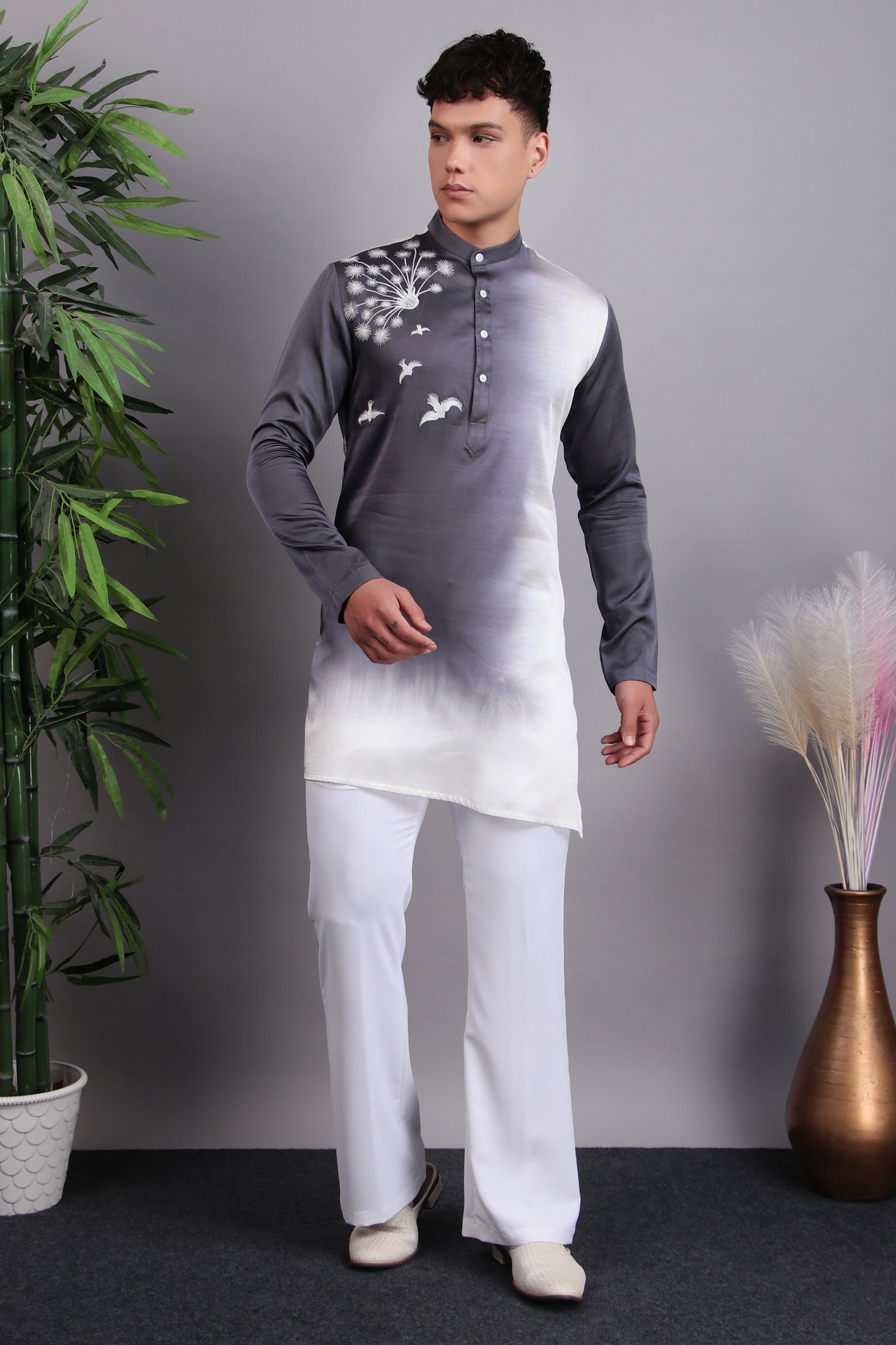 Side view - Men’s Kurta Set – Modal Satin in Purple with Silk Thread Embroidery