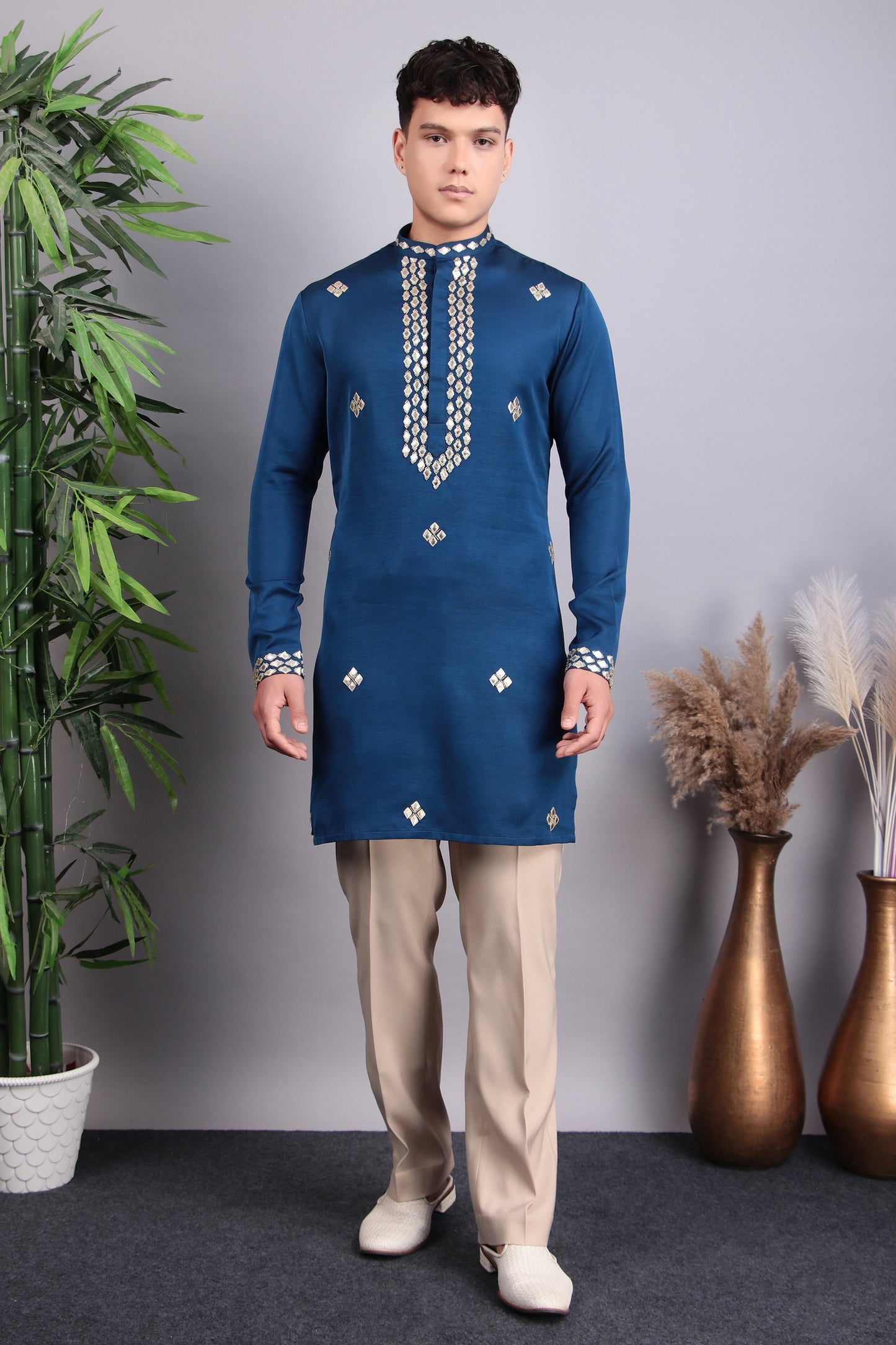 Front view - Men’s Kurta Set – Modal Satin in Blue with Brads, Stone and Leather Applique Work
