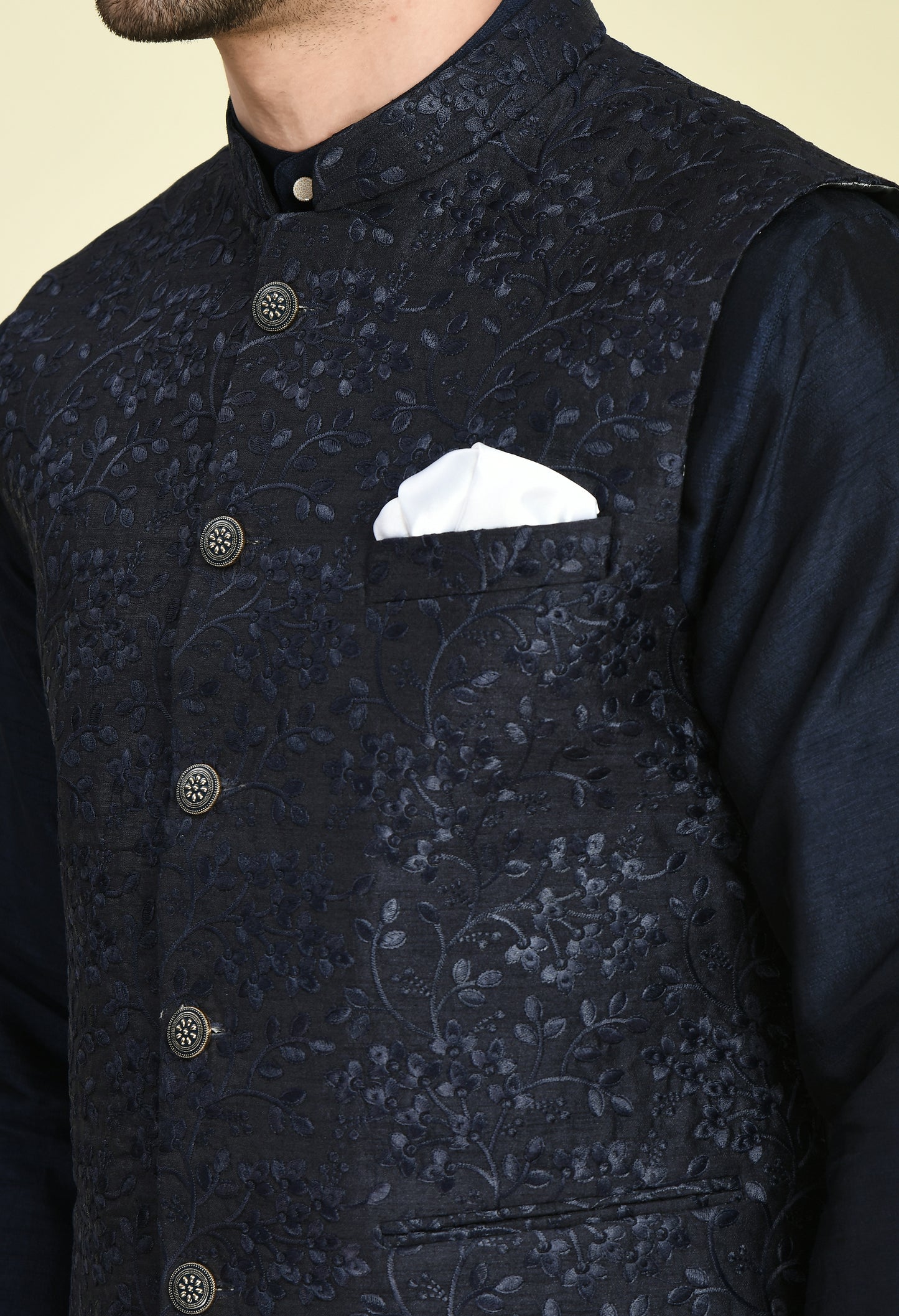 Detail view 2 - Men’s Nehru Jacket – Silk in Blue with Silk Thread Embroidery