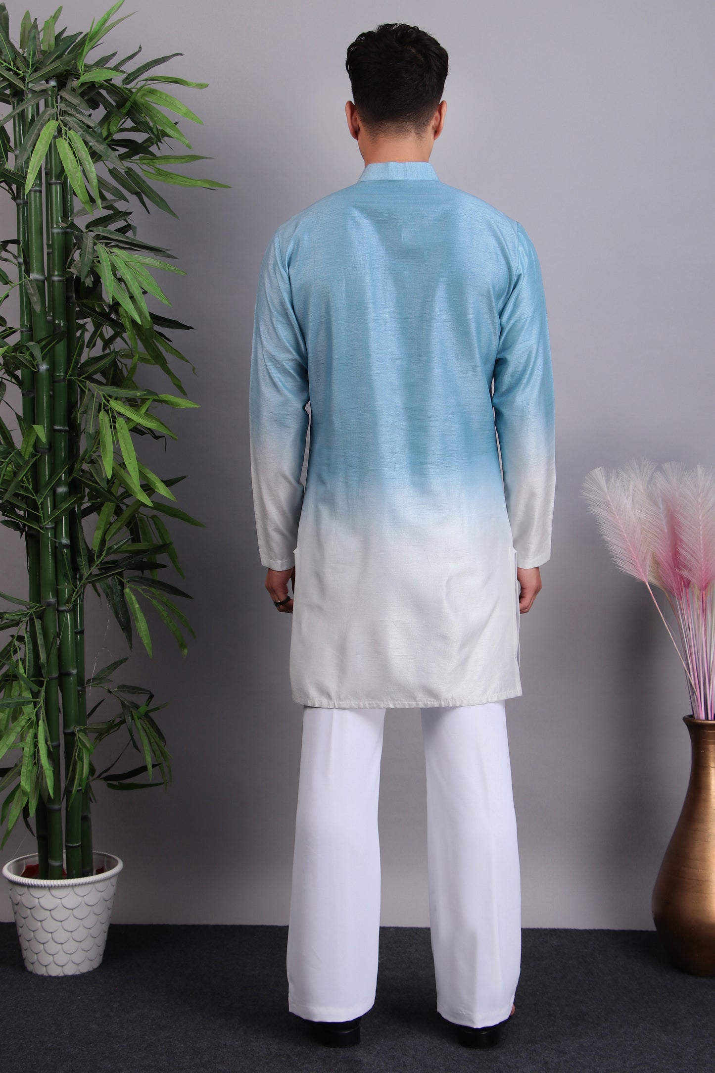 Detail view 1 - Men’s Kurta Set – Silk in Blue with Tie and Dye & Silk Thread Embroidery
