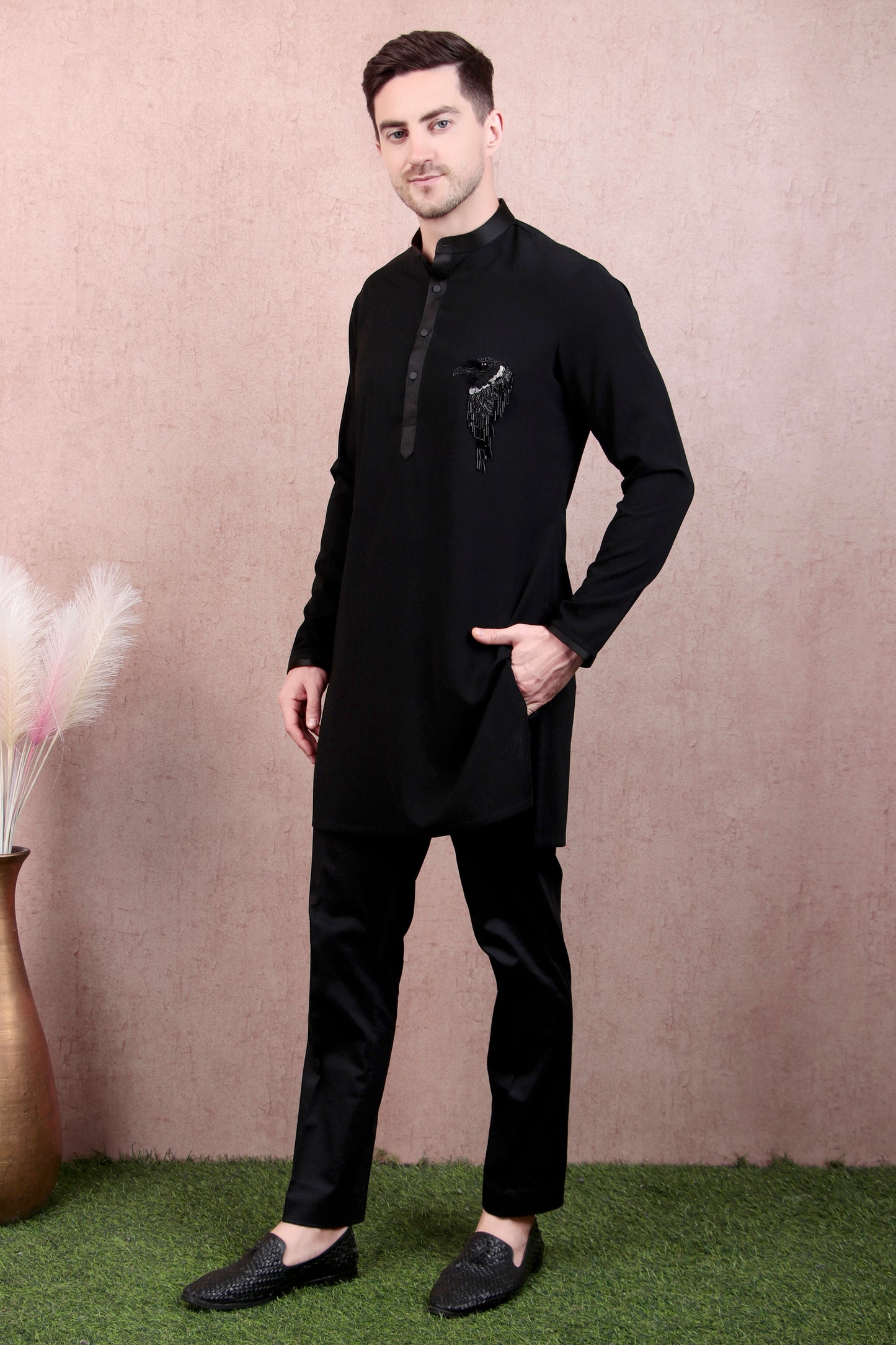 Front view - Men’s Kurta Set – Japanese Lycra in Black with Eagle Motif Hand Embroidery