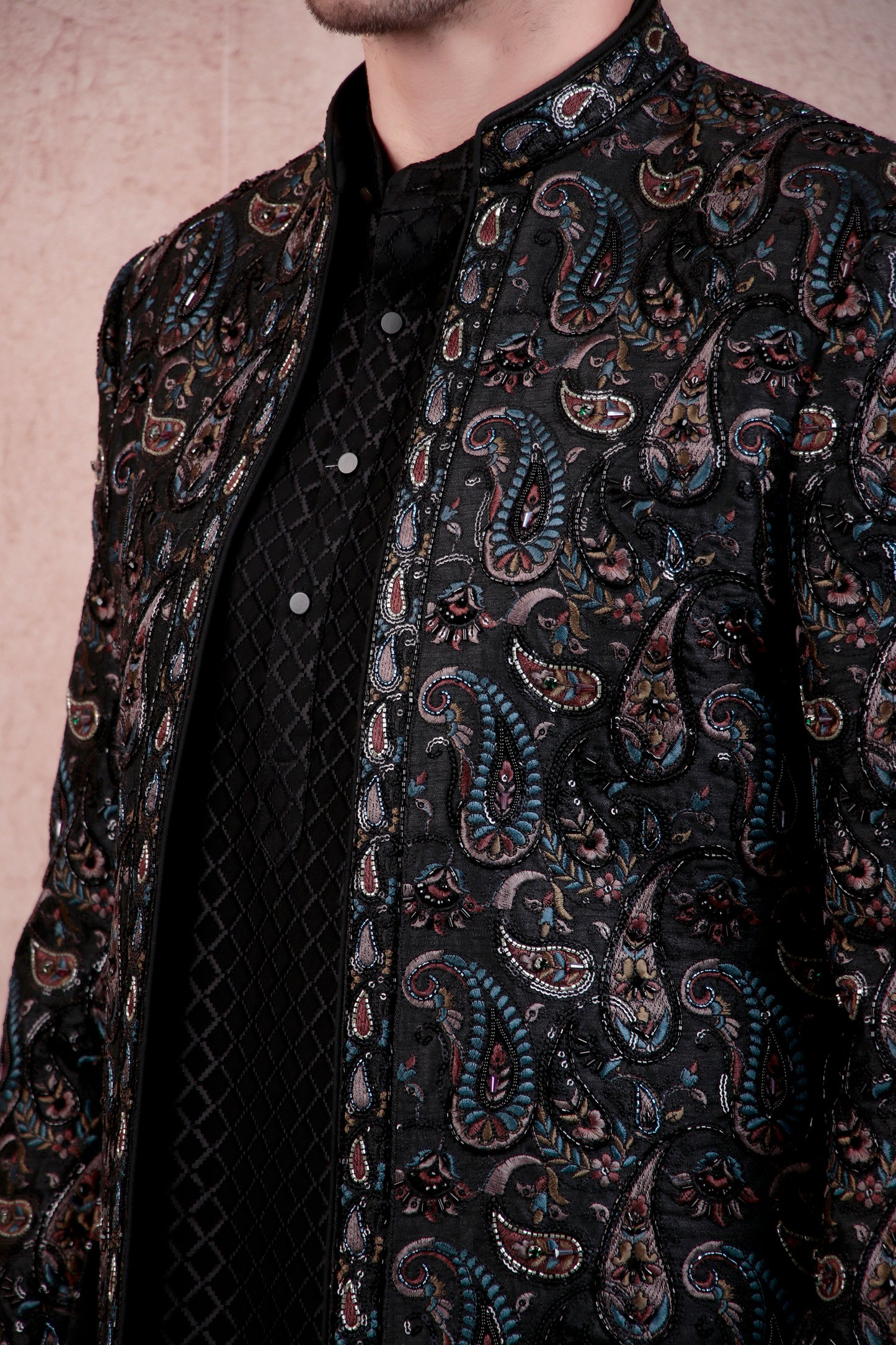 Detail view 3 - Men’s Sherwani – Georgette in Black with Silk Thread Paisley Embroidery