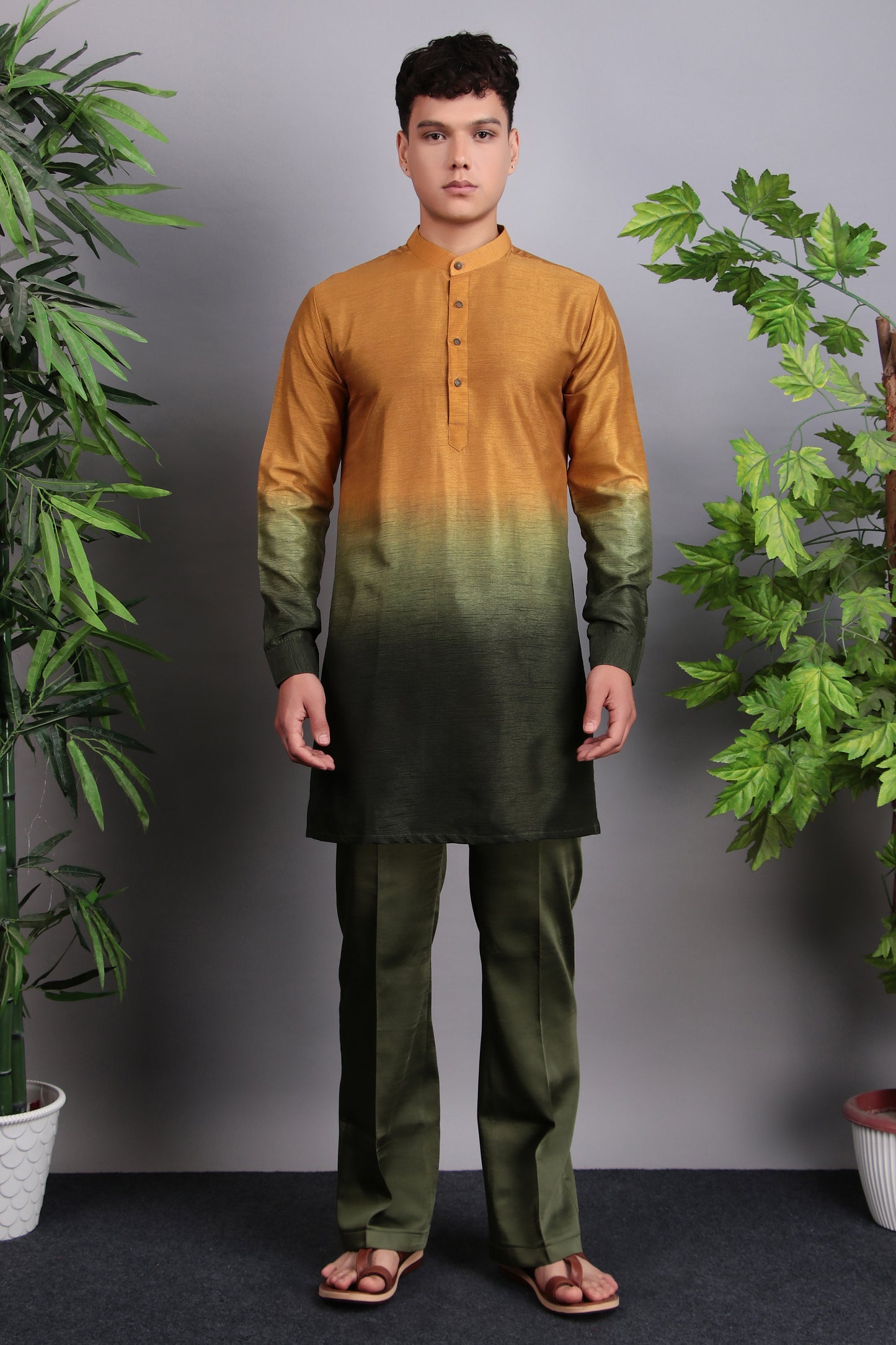 Back view - Men’s Nehru Jacket – Viscose Silk in Green and Yellow with Ombre Dye and Hand Embroidery