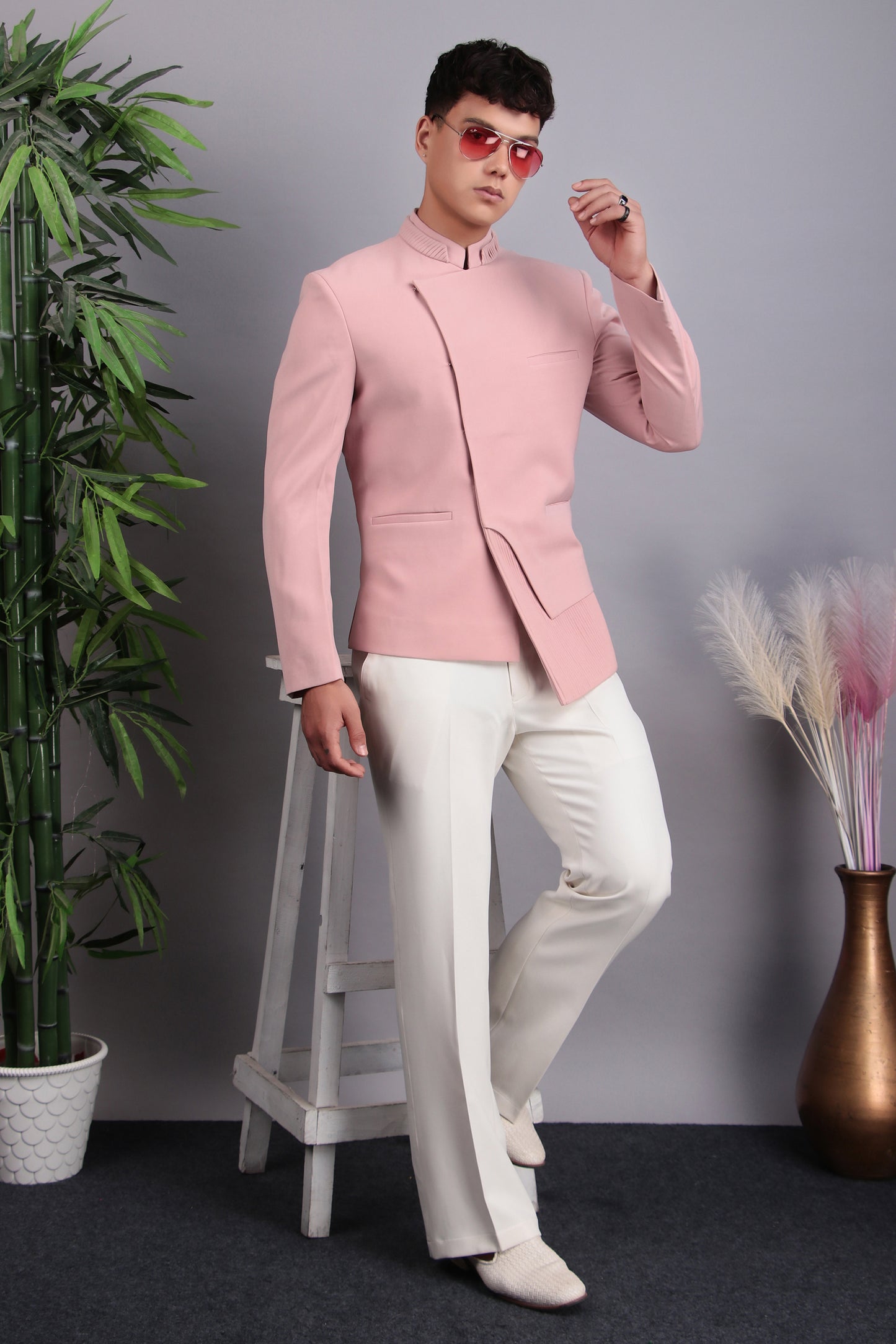 Detail view 2 - Men’s Bandhgala – Japanese Lycra in Pink with Modern Abstract Cut
