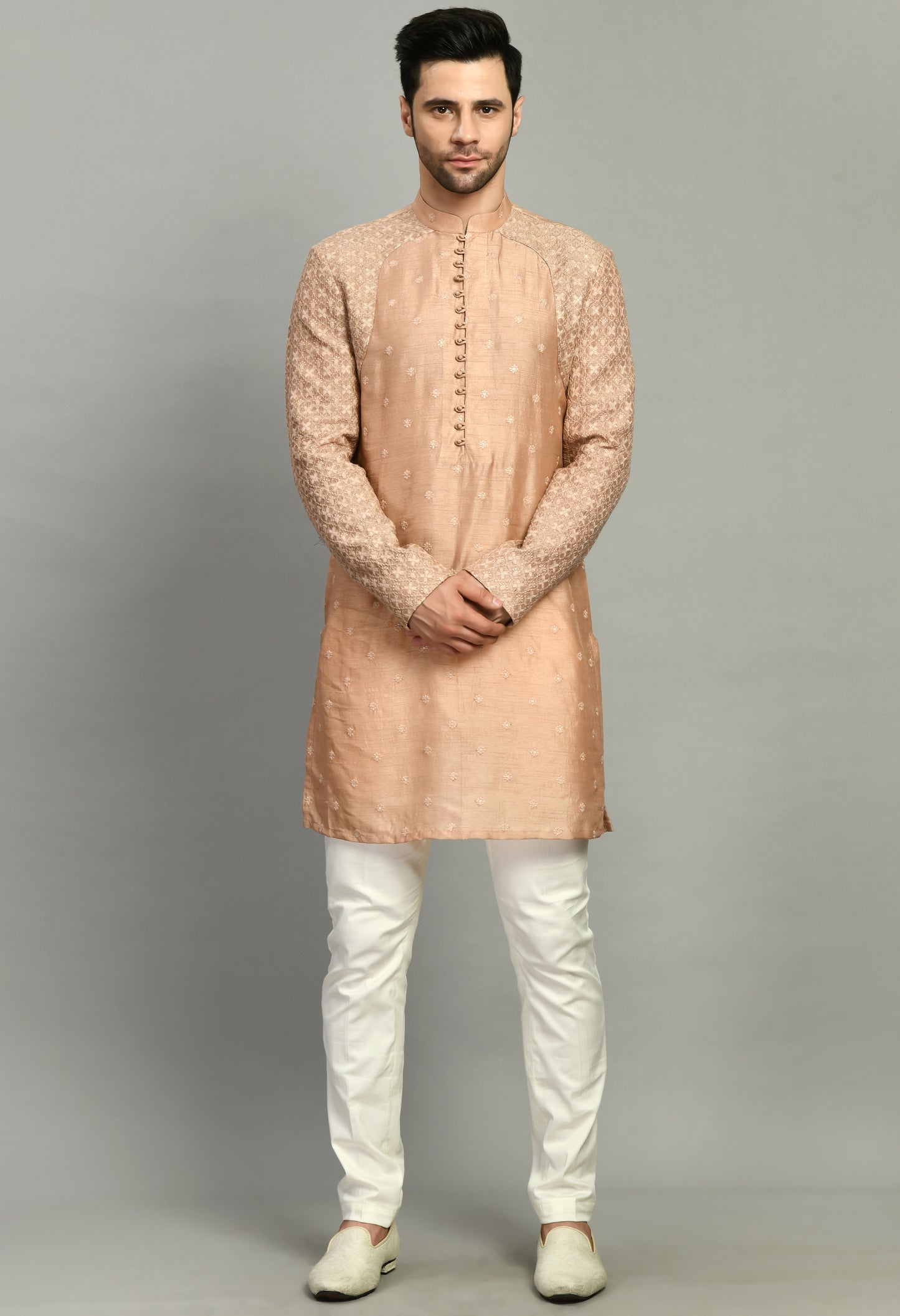 Front view - Men’s Nehru Jacket – Silk Georgette in Light Brown with Designer Kurta Sleeve