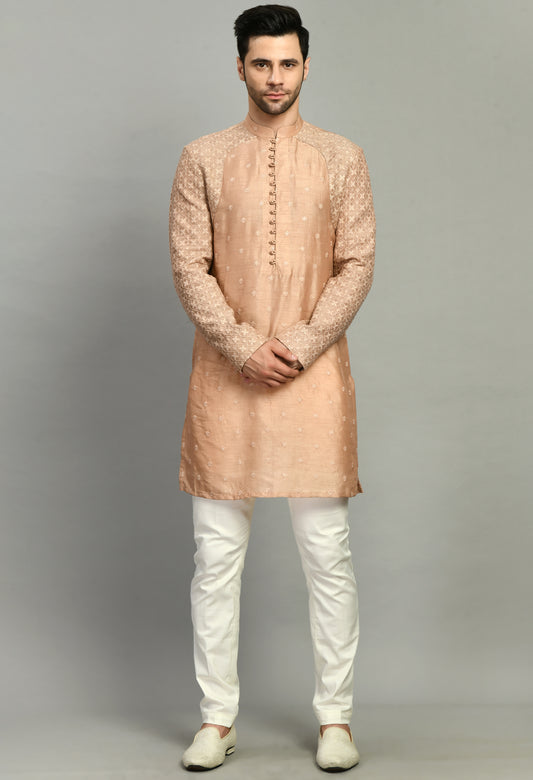 Front view - Men’s Nehru Jacket – Silk Georgette in Light Brown with Designer Kurta Sleeve