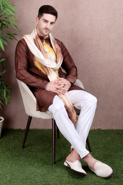 Men’s Kurta Set – Raw Silk in Brown with Yellow Tie-Dye Center Motif | One Man Show