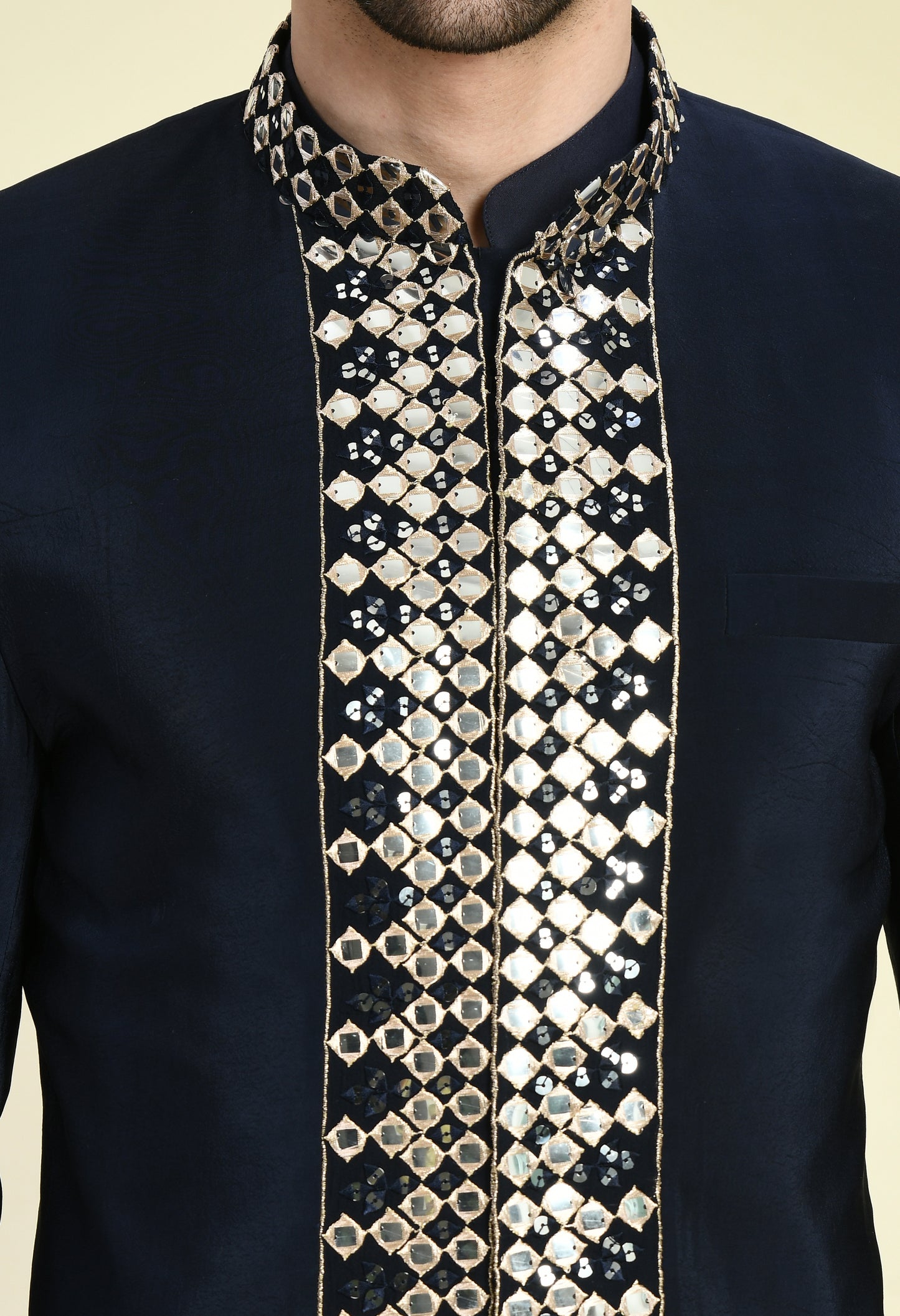 Detail view 4 - Men’s Indo-Western – Silk Crepe in Navy Blue with Mirror Work Embroidery