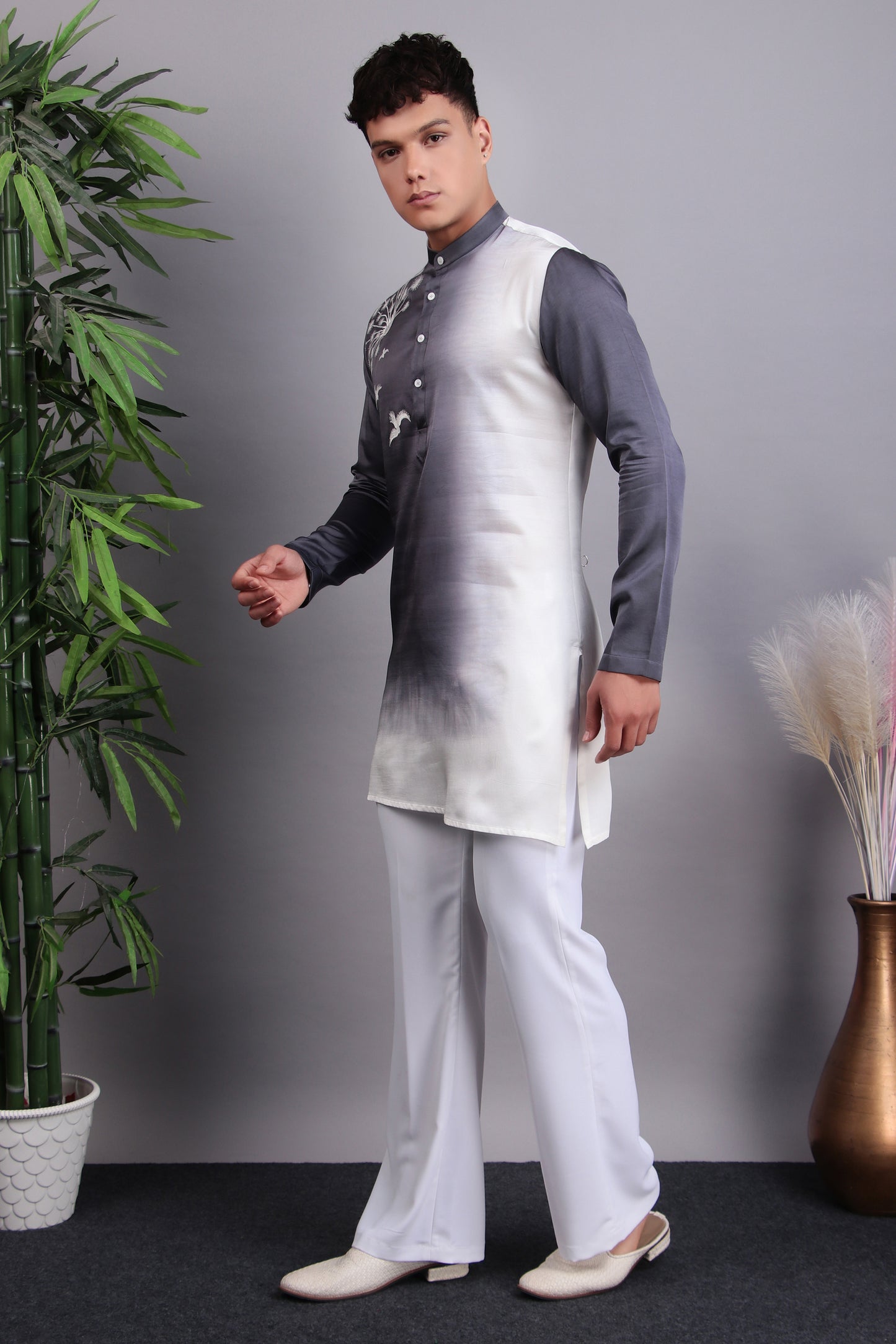 Back view - Men’s Kurta Set – Modal Satin in Purple with Silk Thread Embroidery