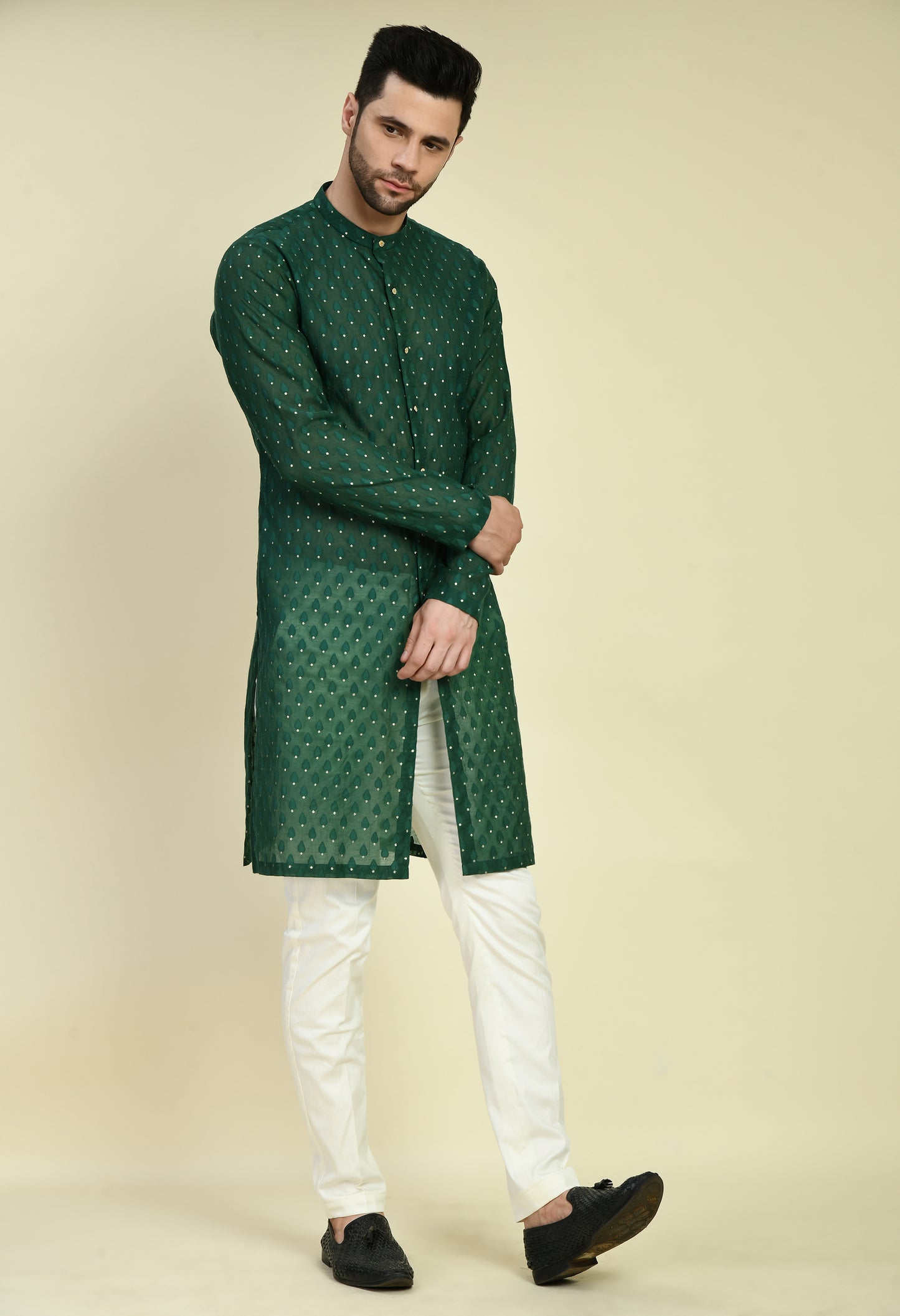Side view - Men’s Nehru Jacket – Silk Georgette in Green with Dori Thread Embroidery