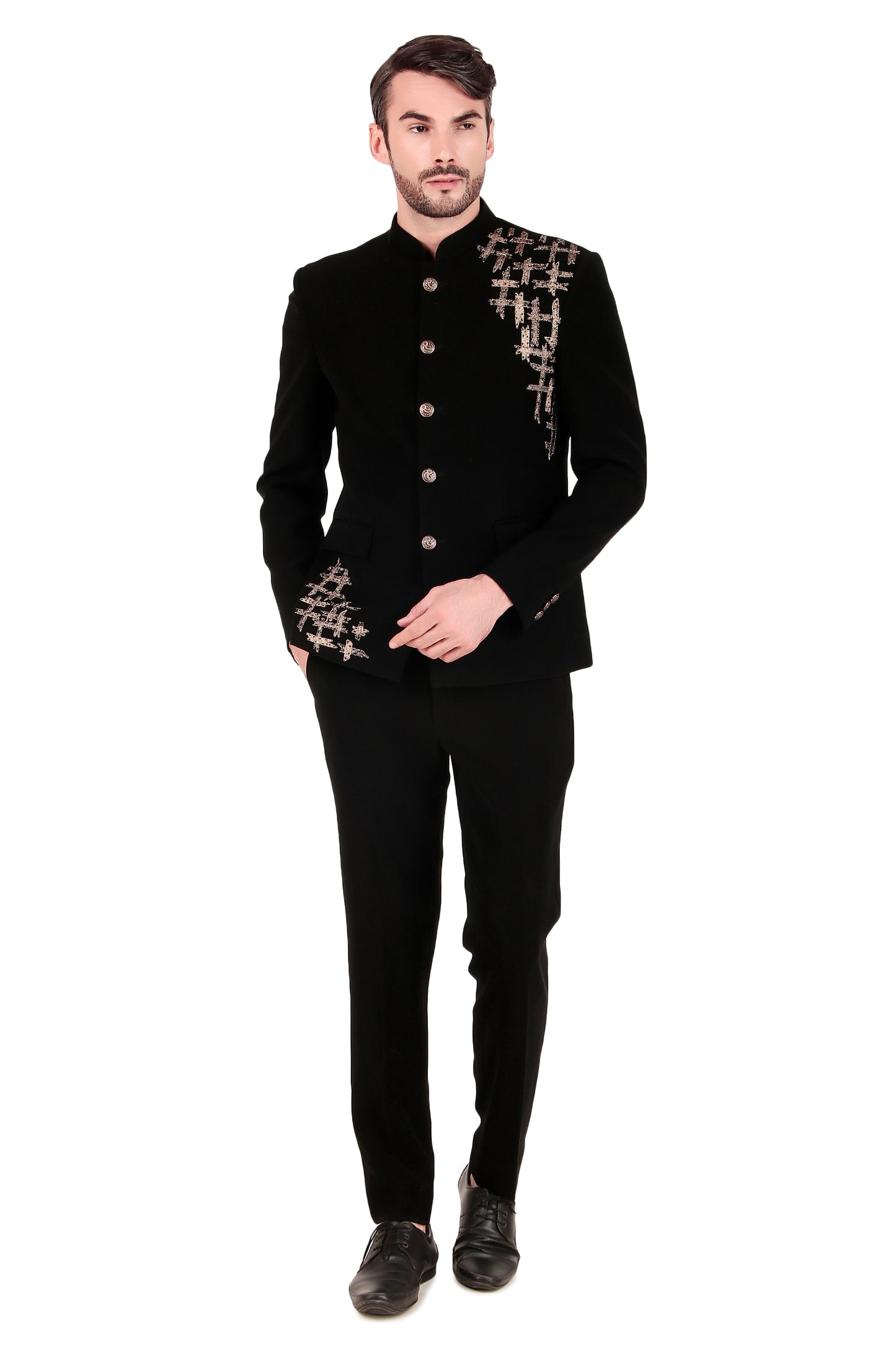 Back view - Men’s Bandhgala – Japanese Lycra in Black with Zari Embroidery