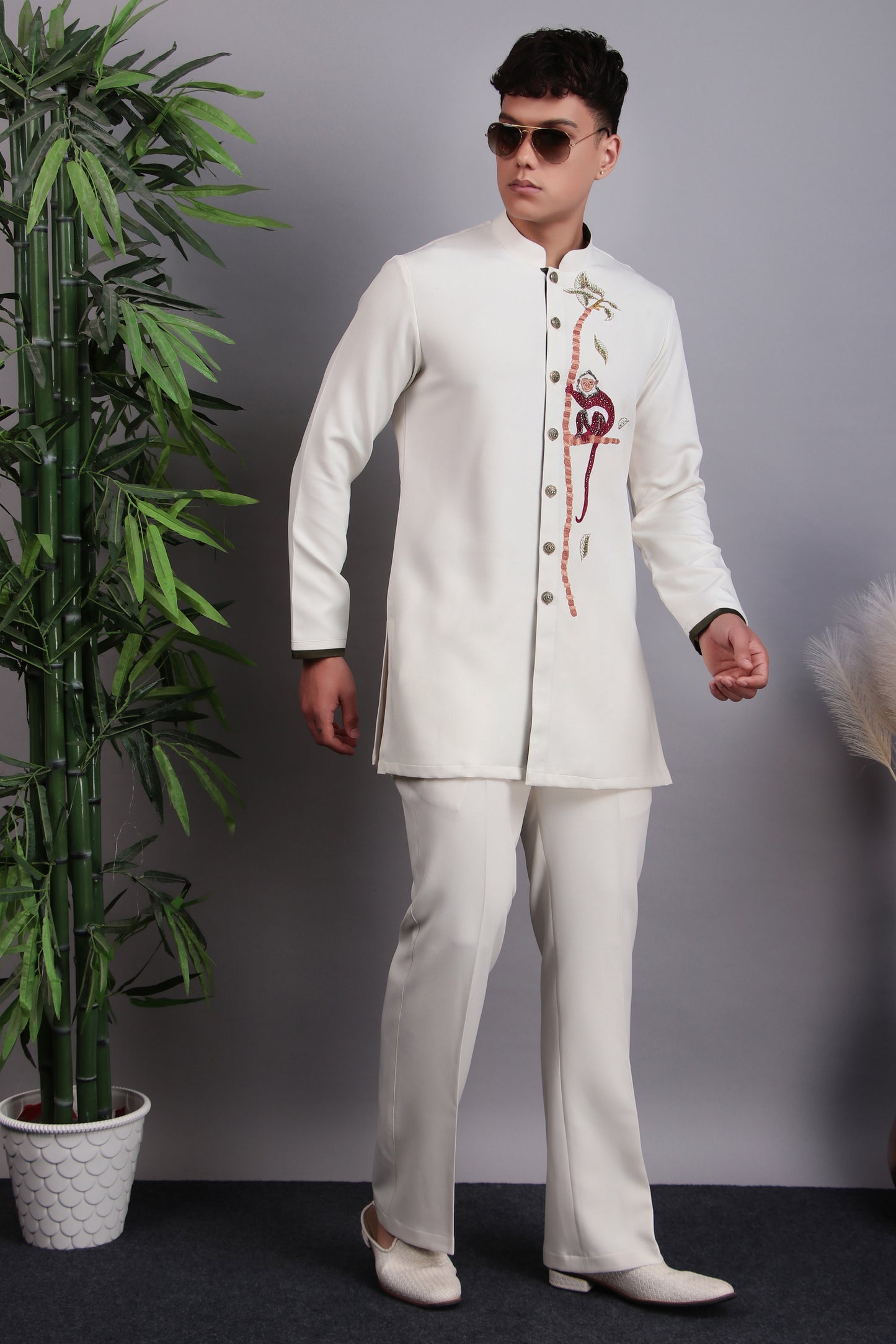 Side view - Men’s Kurta Set – Korean Wrinkle-Free in Cream with Glass Beads & Silk Thread Embroidery
