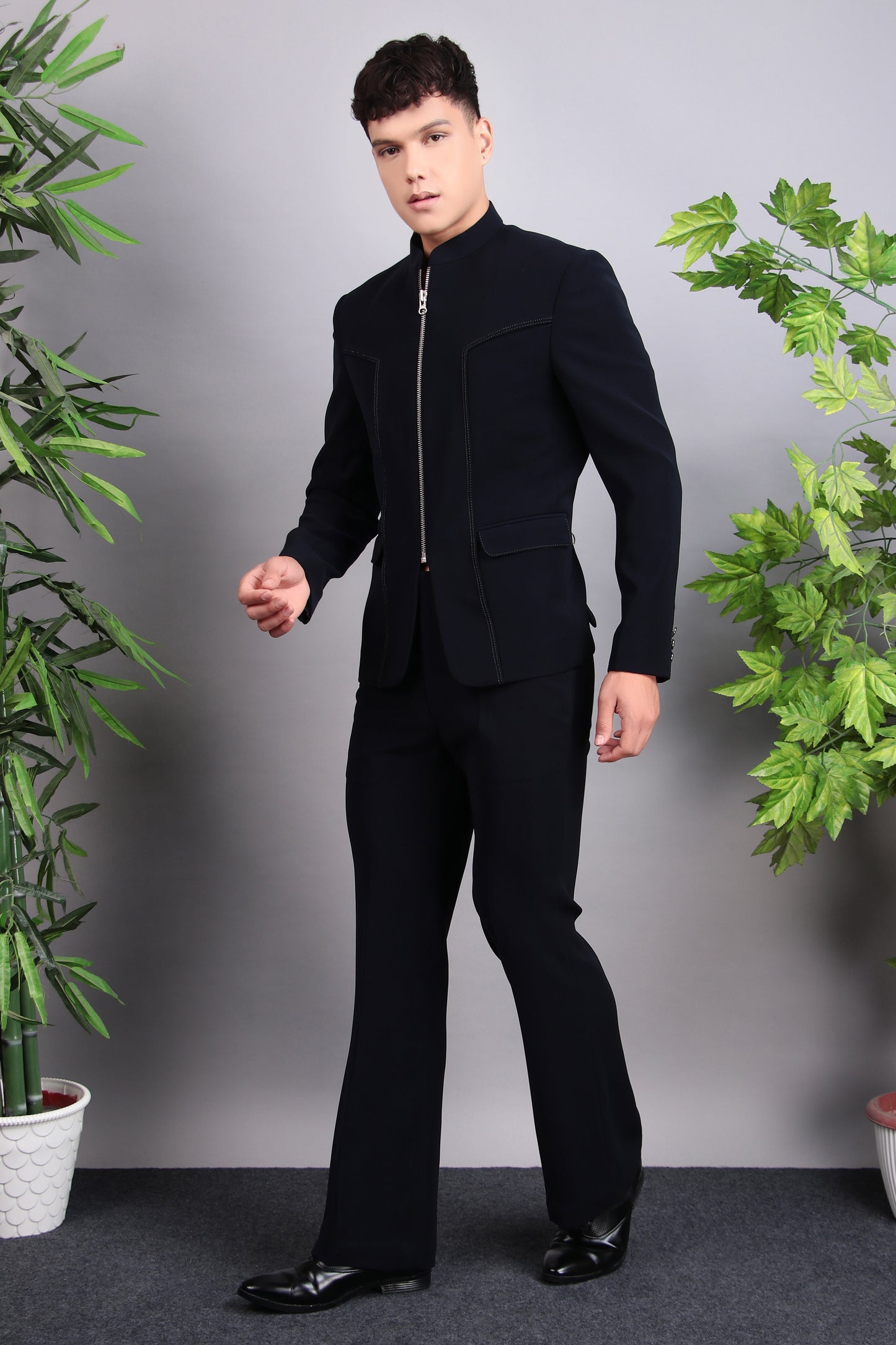 Side view - Men’s Bandhgala – Cotton Velvet in Midnight Blue with Hand Embroidery