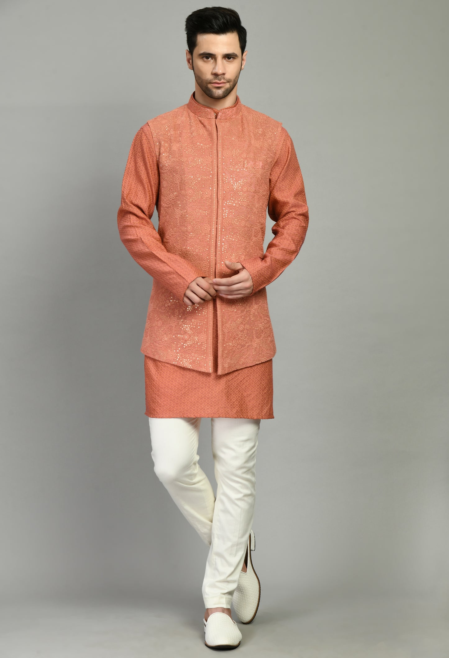 Front view - Men’s Nehru Jacket – Silk Georgette in Orange with Silk Thread and Sequins Embroidery