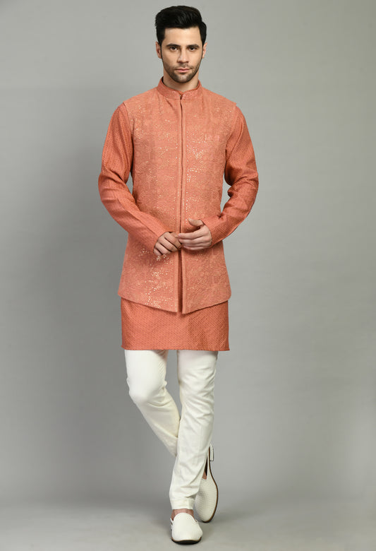 Front view - Men’s Nehru Jacket – Silk Georgette in Orange with Silk Thread and Sequins Embroidery