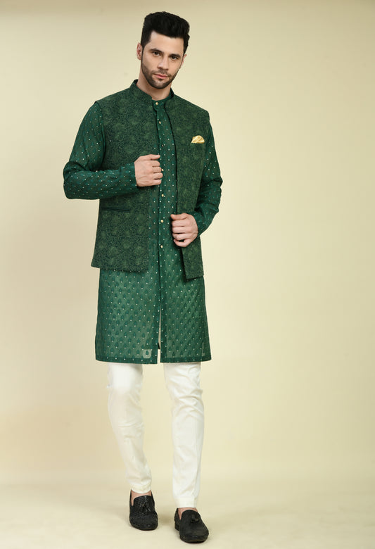 Front view - Men’s Nehru Jacket – Silk Georgette in Green with Dori Thread Embroidery