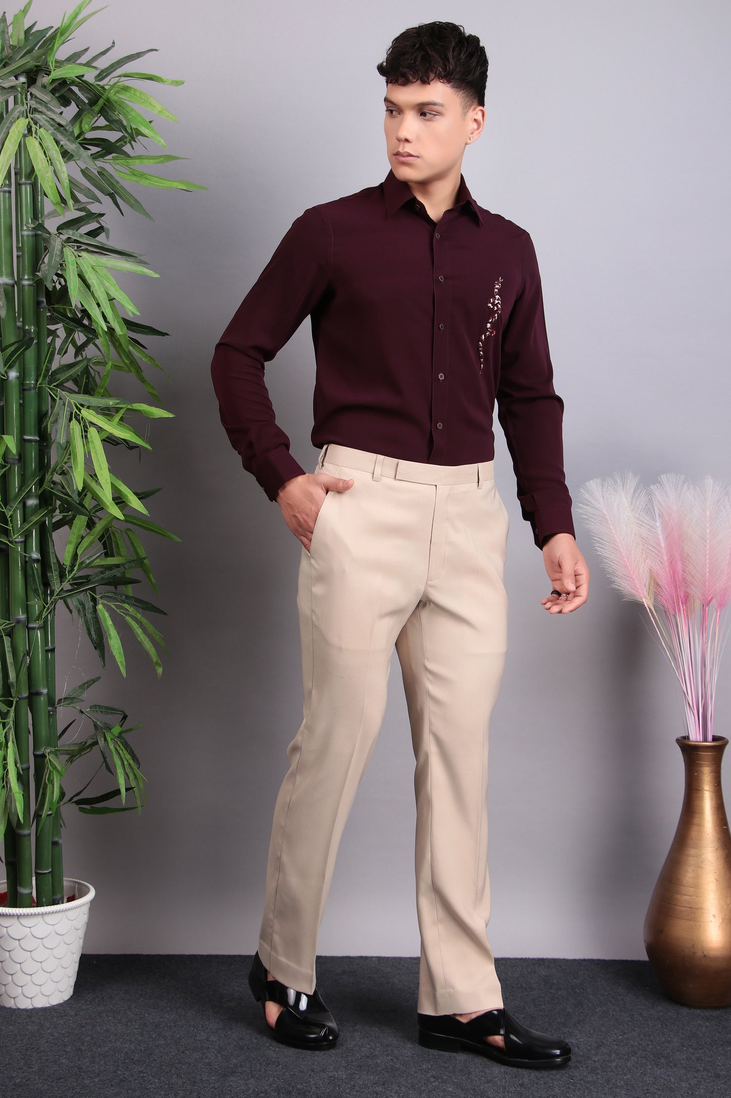 Men’s Shirt – Korean Wrinkle Free in Maroon with Snake Embroidery | One Man Show