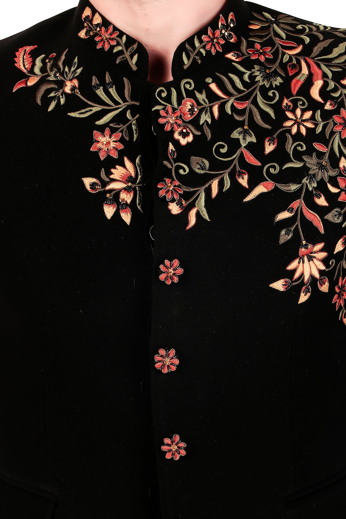 Detail view 3 - Men’s Bandhgala – Japanese Lycra in Black with Angrakha Bandhgala & Silk Thread Embroidery